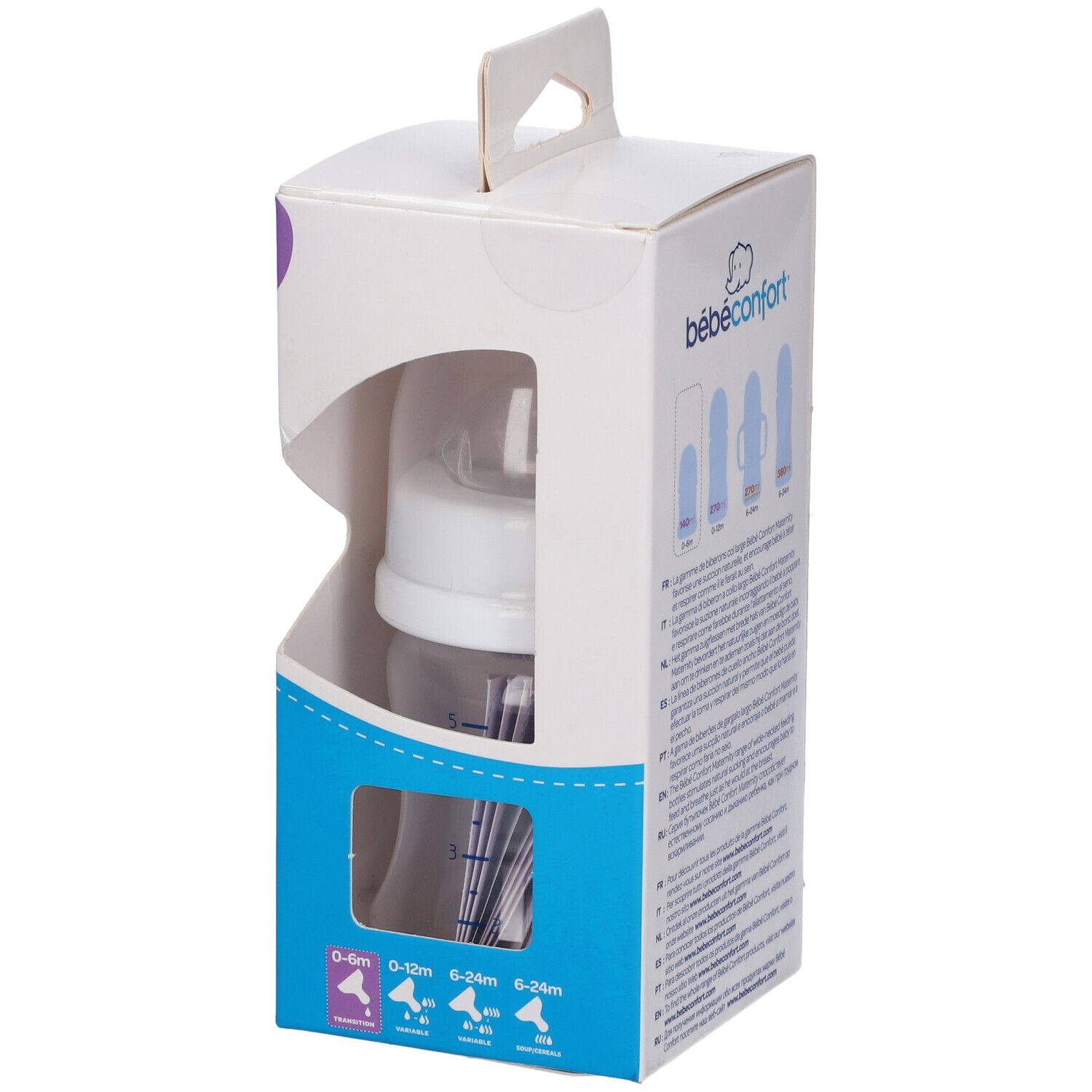 Confezione biberon Bébé Confort Maternity. Biberon visibile. Scritta: Biberon Maternity.