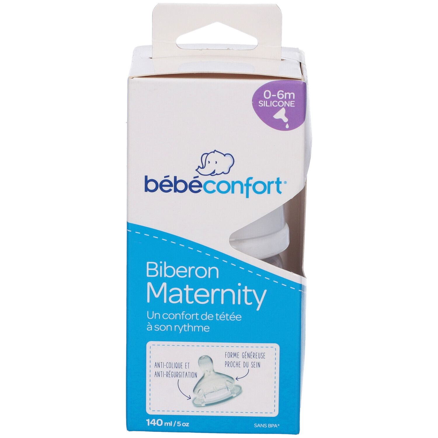 Confezione biberon Bébé Confort Maternity. 0-6m silicone. Biberon visibile. Scritta: Biberon Maternity.