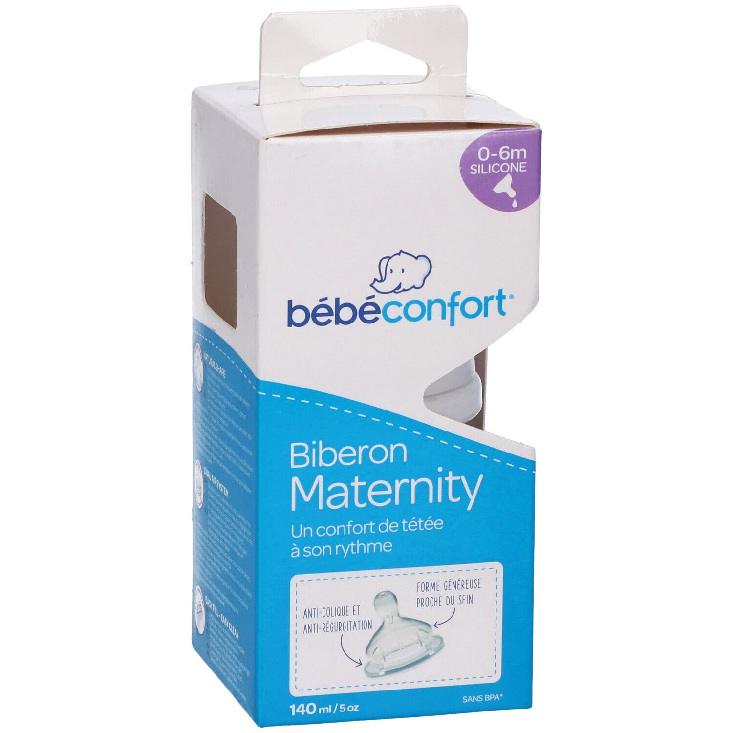 Confezione biberon Bébé Confort Maternity. 0-6m silicone. Biberon visibile. Scritta: Biberon Maternity.