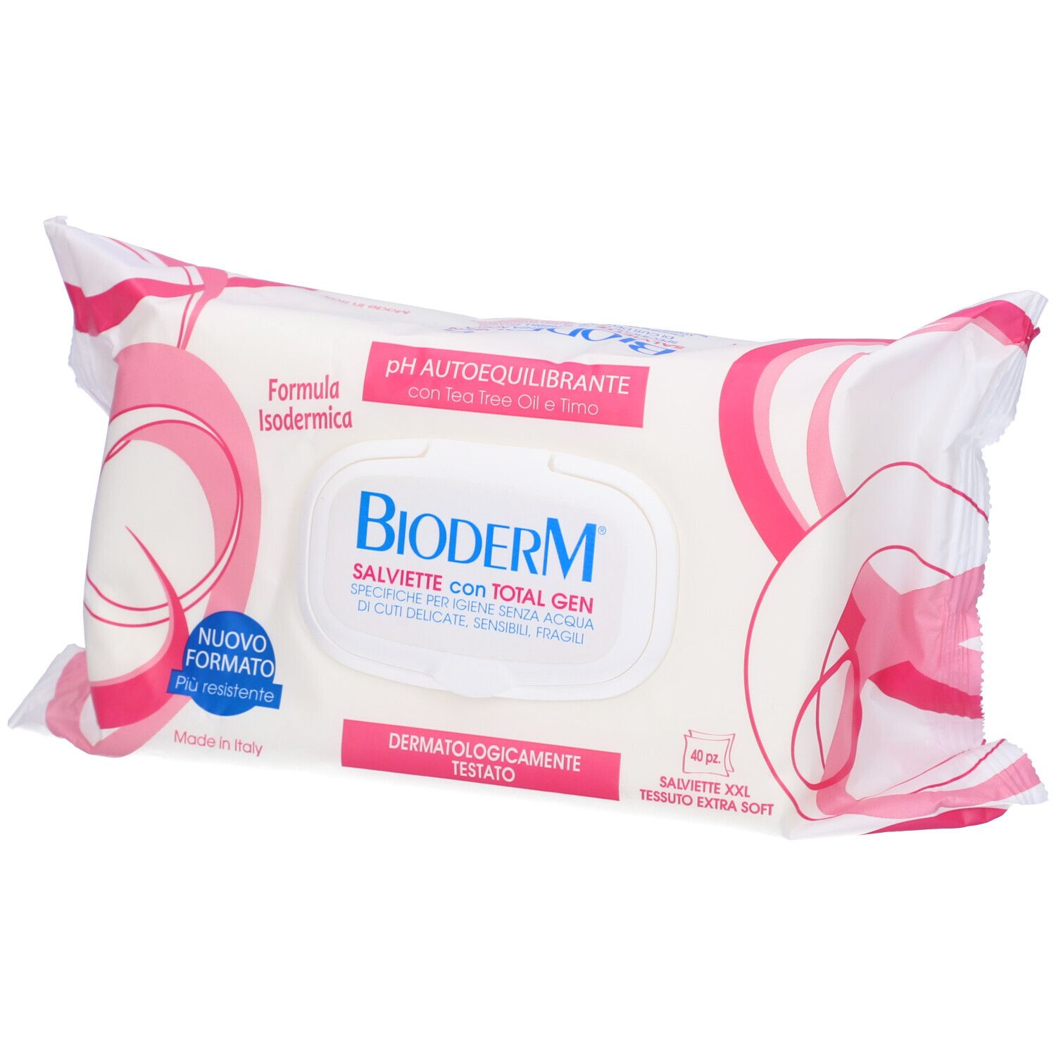 Confezione di salviette umidificate. Bianco con design rosa. Testo: Bioderm, Salviette con Total Gen, pH autoequilibrante, dermatologicamente testato.