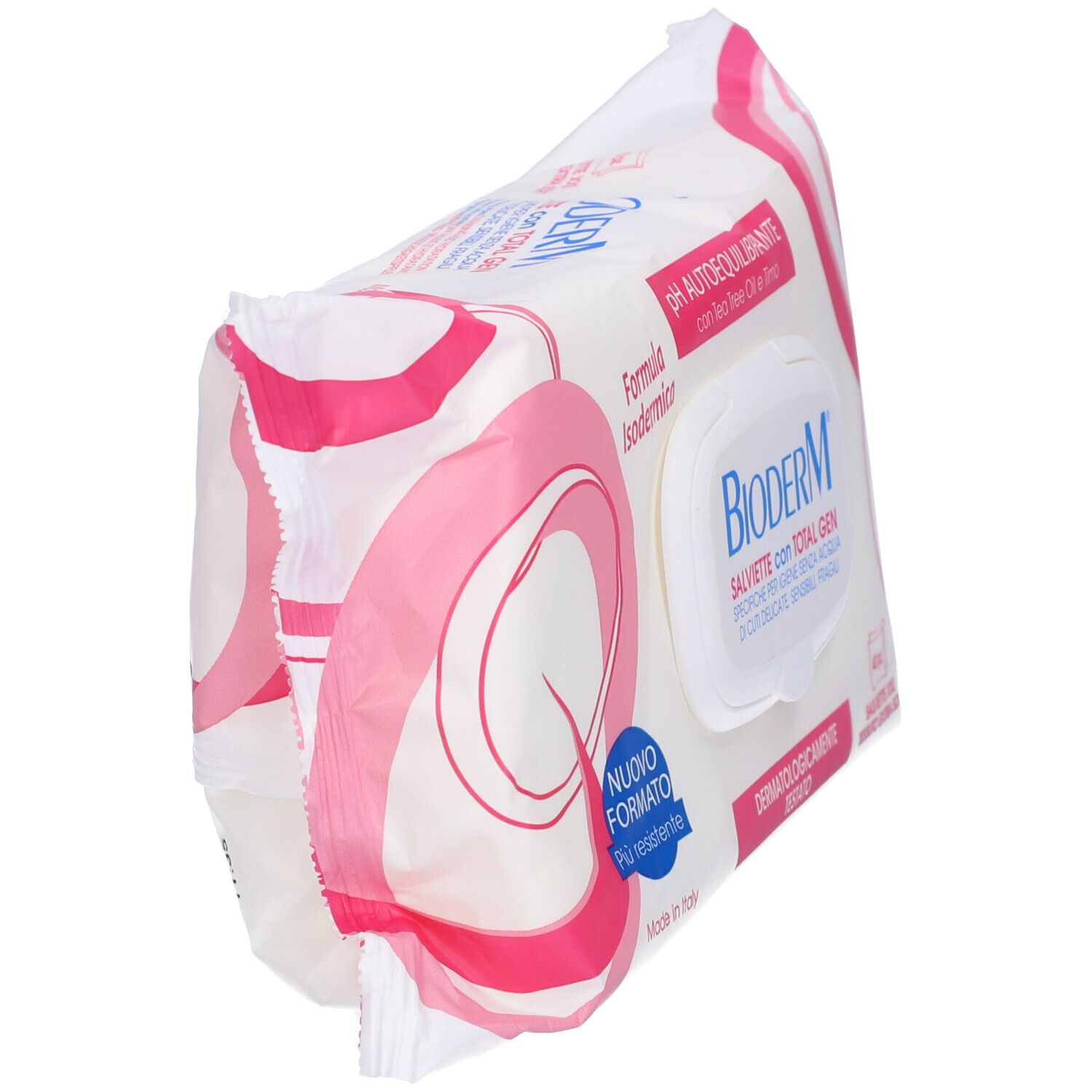 Confezione di salviette umidificate. Bianco con design rosa. Testo: Bioderm, Salviette con Total Gen, pH autoequilibrante, dermatologicamente testato.