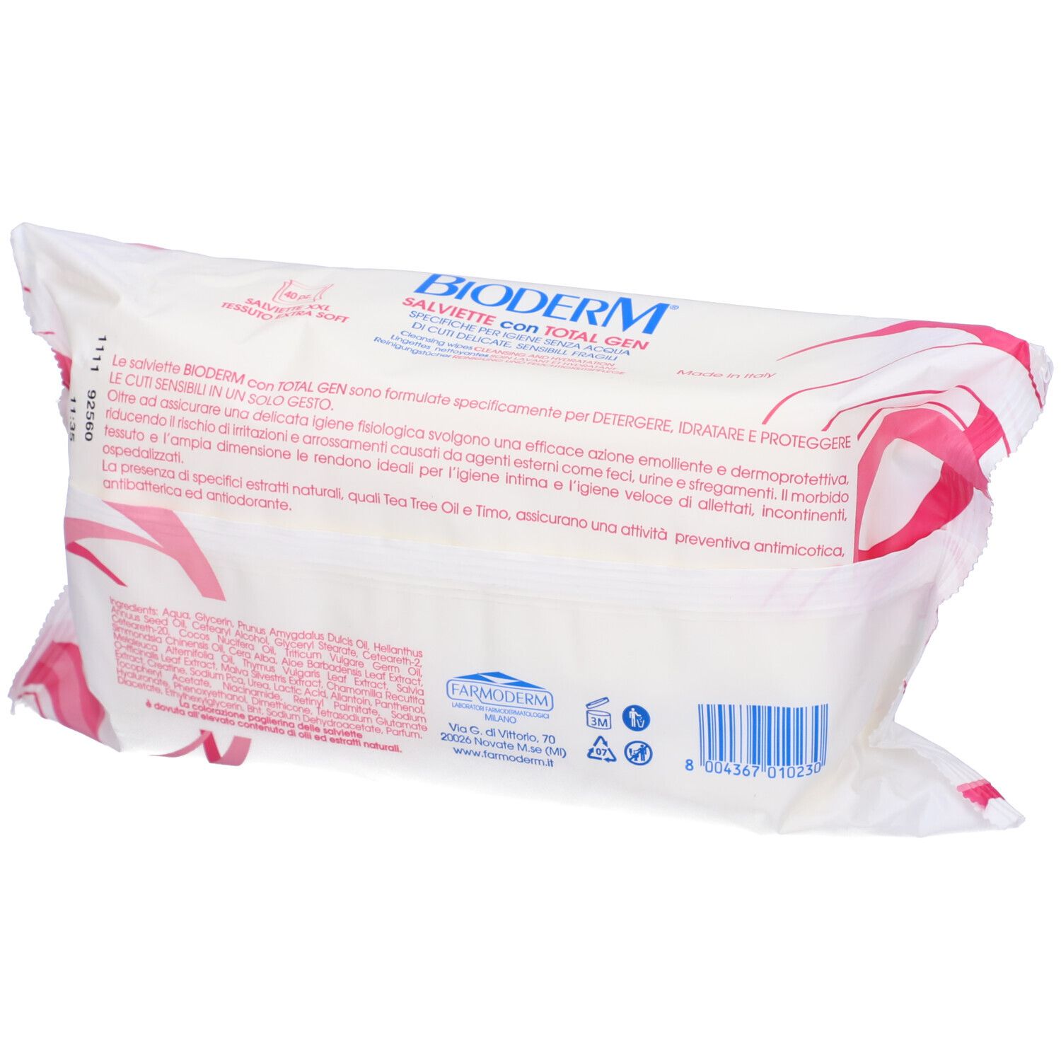 Retro della confezione di salviette umidificate. Bianco con design rosa. Testo: Bioderm, Salviette con Total Gen, ingredienti, dermatologicamente testato.