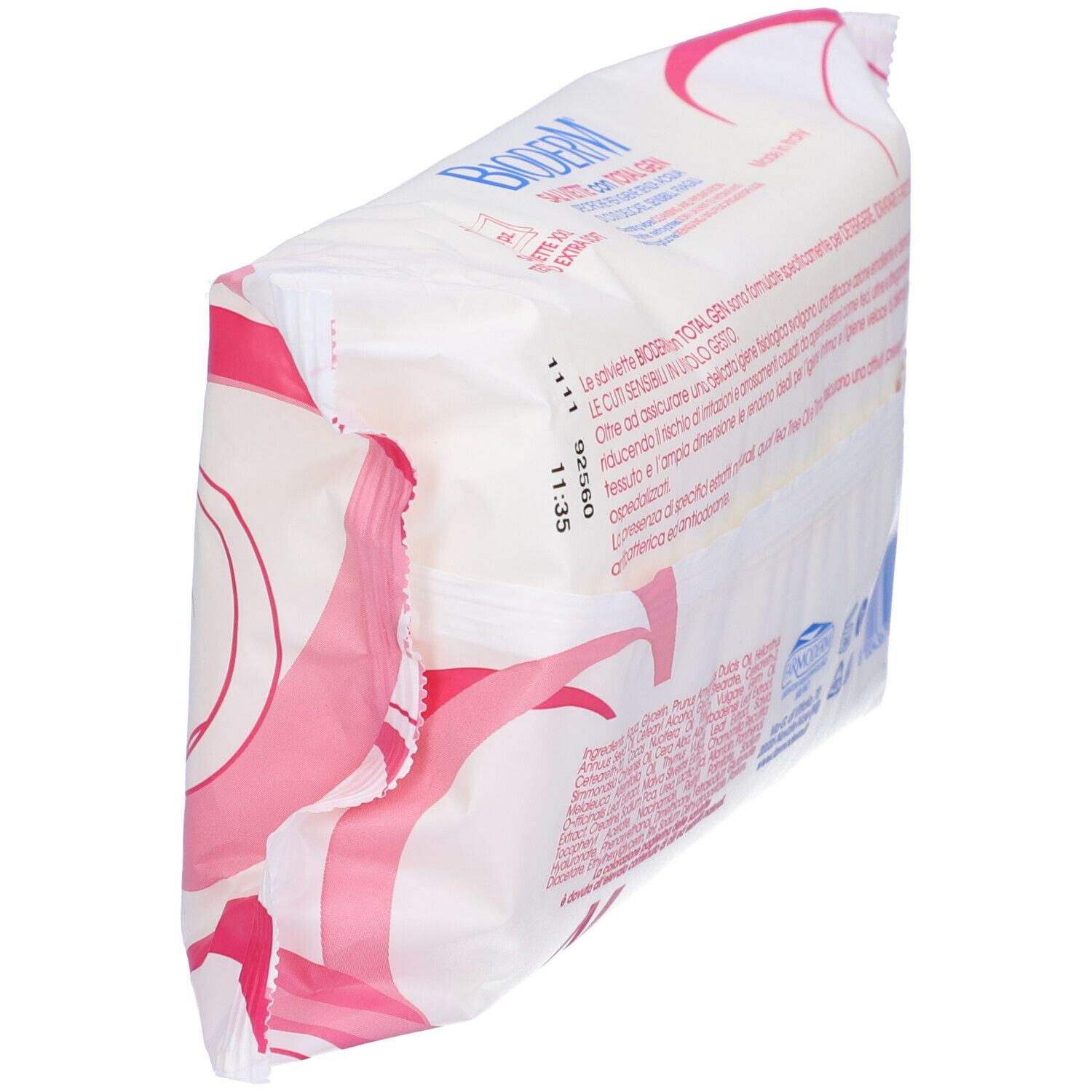 Retro della confezione di salviette umidificate. Bianco con design rosa. Testo: Bioderm, Salviette con Total Gen, ingredienti, dermatologicamente testato.
