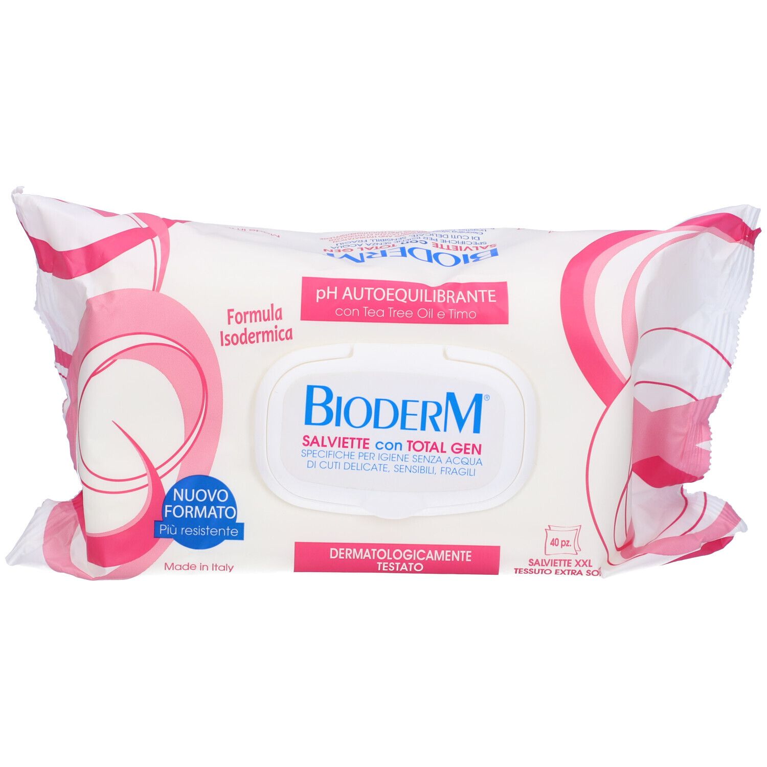 Confezione di salviette umidificate. Bianco con design rosa. Testo: Bioderm, Salviette con Total Gen, pH autoequilibrante, dermatologicamente testato.