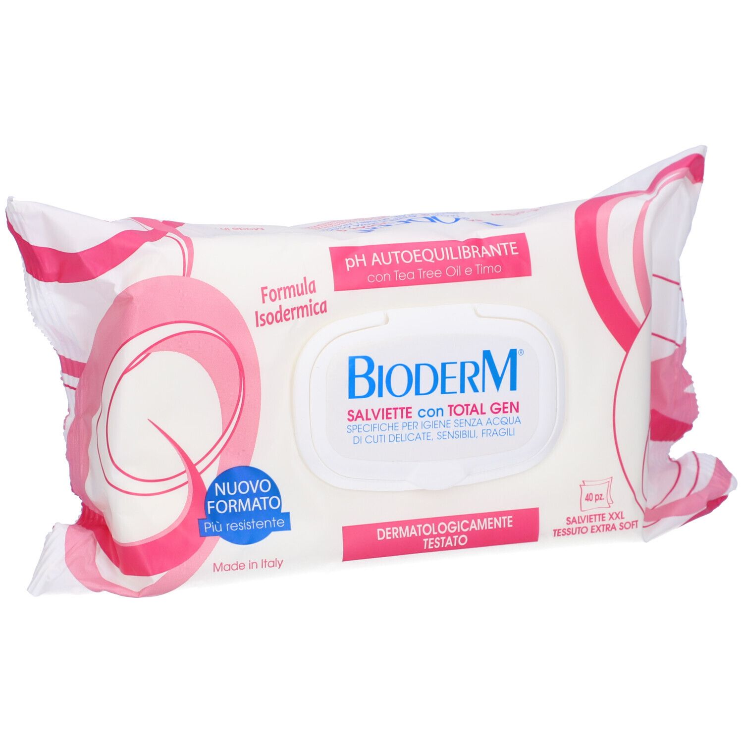 Confezione di salviette umidificate. Bianco con design rosa. Testo: Bioderm, Salviette con Total Gen, pH autoequilibrante, dermatologicamente testato.