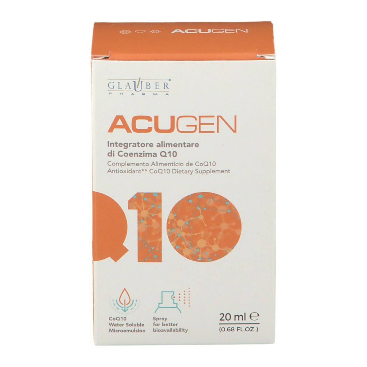 Scatola ACUGEN. Scritto: Integratore alimentare di Coenzima Q10. 20 ml. Microemulsione idrosolubile.
