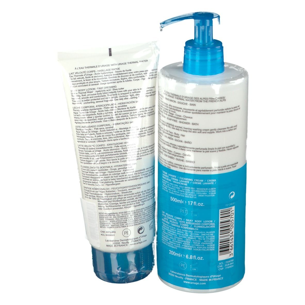 Retro di tubo e flacone. Tubo: latte corpo. Flacone: crema detergente. Entrambi con informazioni e dettagli blu.