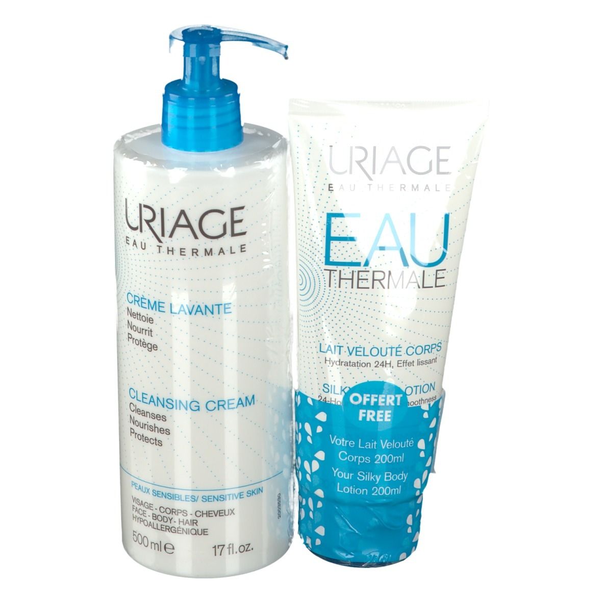 Due prodotti: flacone di crema detergente e tubo di latte corpo. Logo URIAGE e dettagli blu.