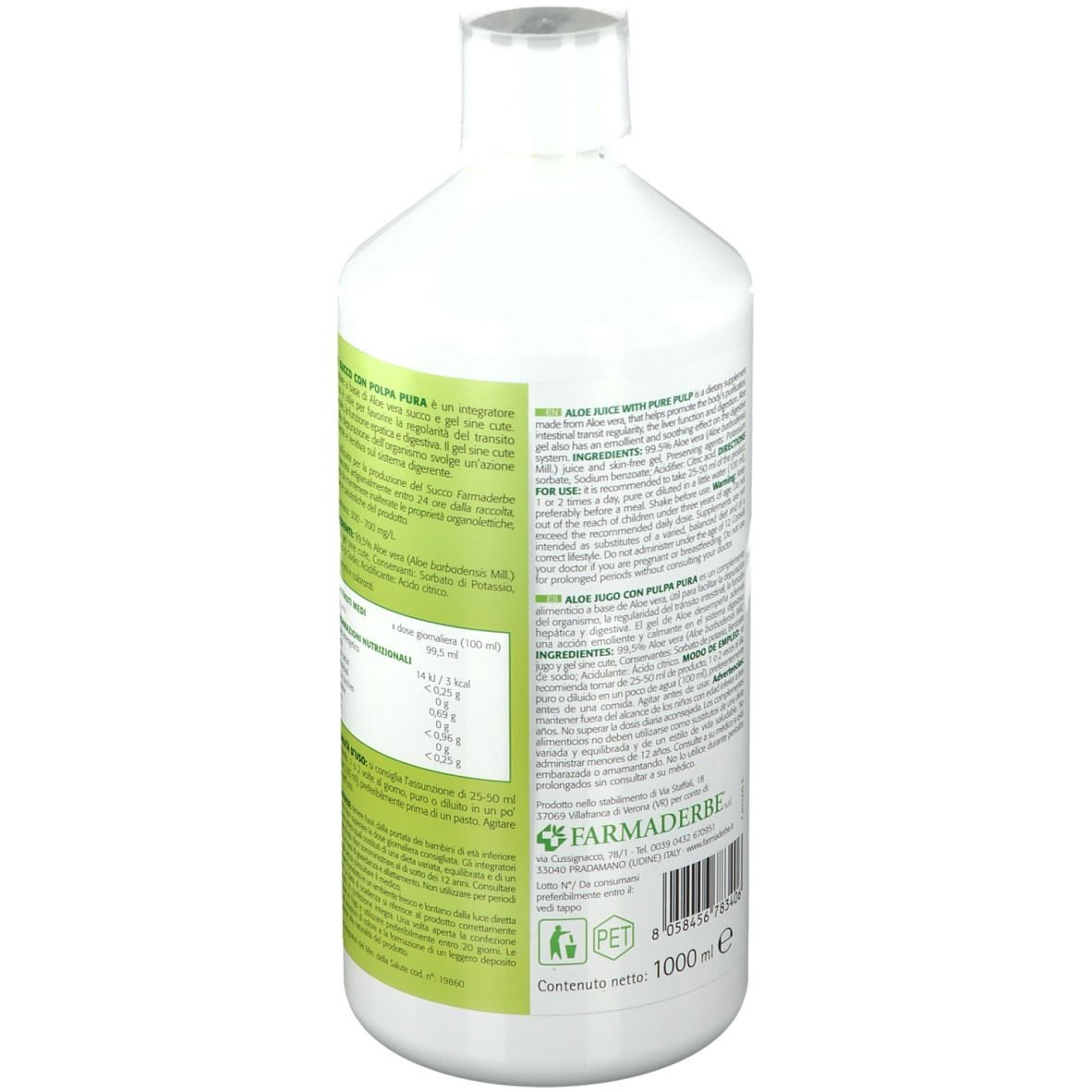 Vista posteriore di una bottiglia bianca con etichetta verde. Informazioni testuali e valori nutrizionali. Marchio: Farmaderbe. 1000 ml.