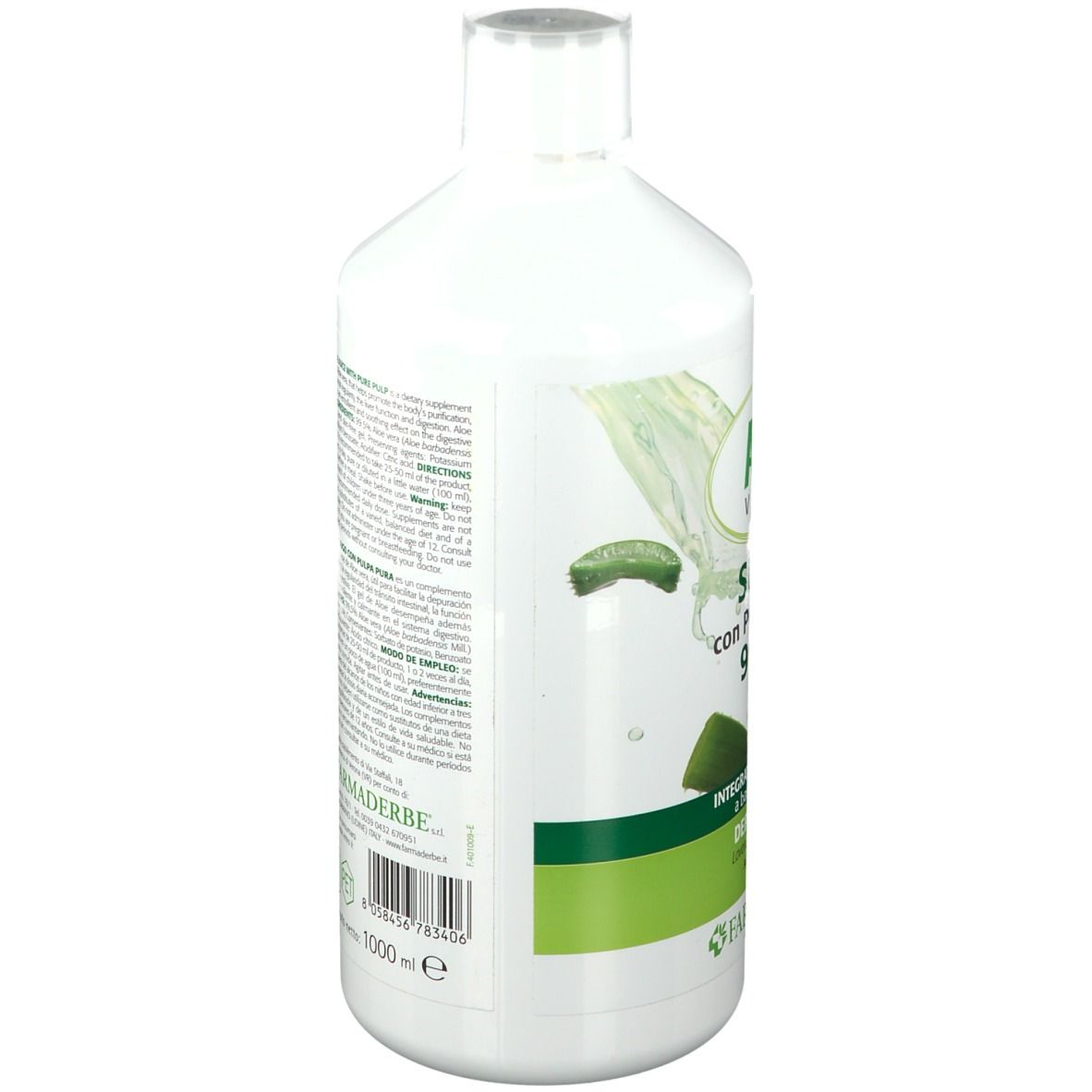 Bottiglia bianca con etichetta verde. Scritta: Aloe Vera Succo con Polpa Pura 99,5%. Marchio: Farmaderbe. 1L.