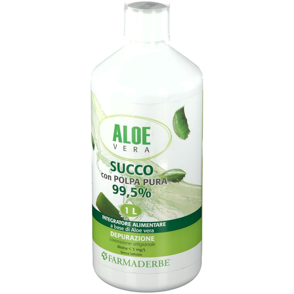 Vista laterale di una bottiglia bianca con etichetta verde. Informazioni testuali e marchio: Farmaderbe. 1000 ml.