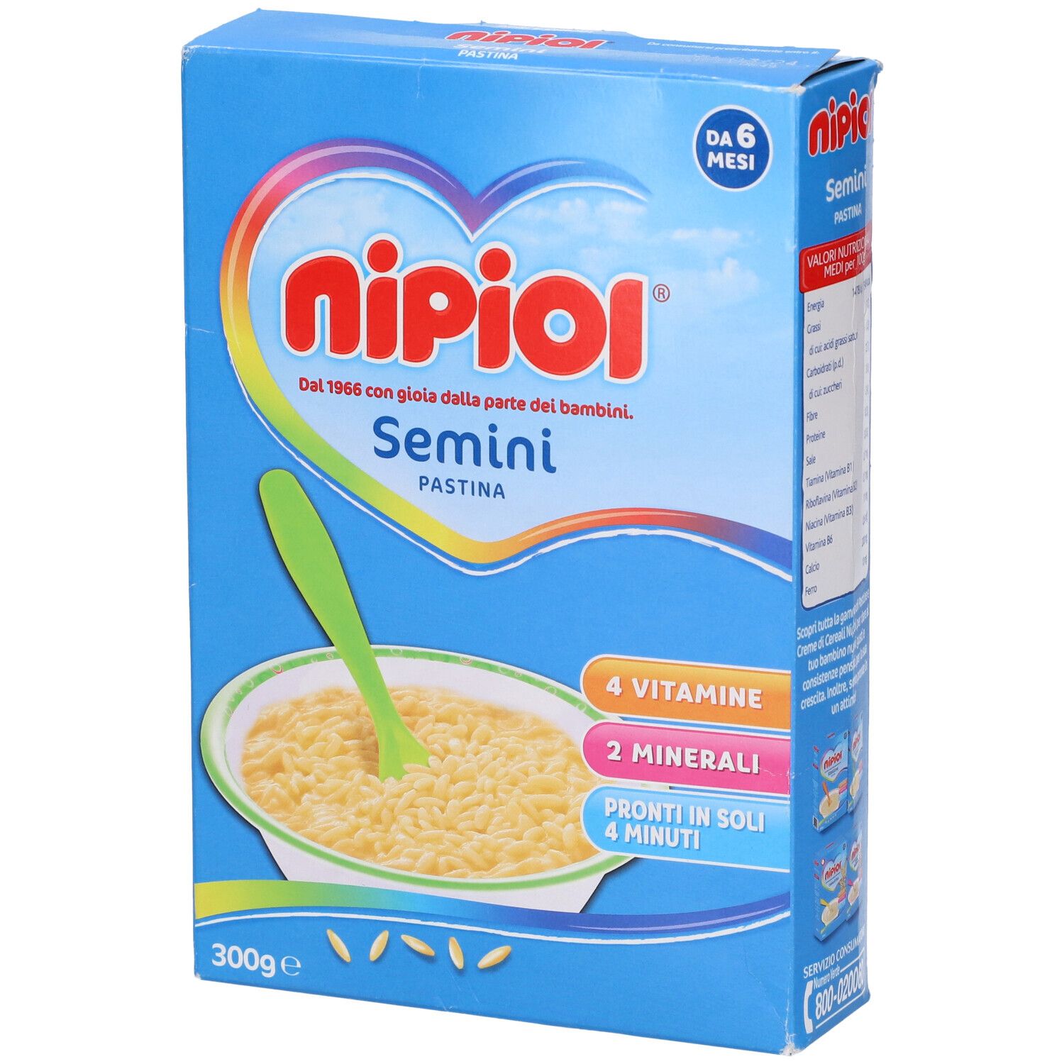 Confezione blu Nipiol Semini Pastina. Contiene 4 vitamine, 2 minerali. Pronto in 4 minuti. 300g.