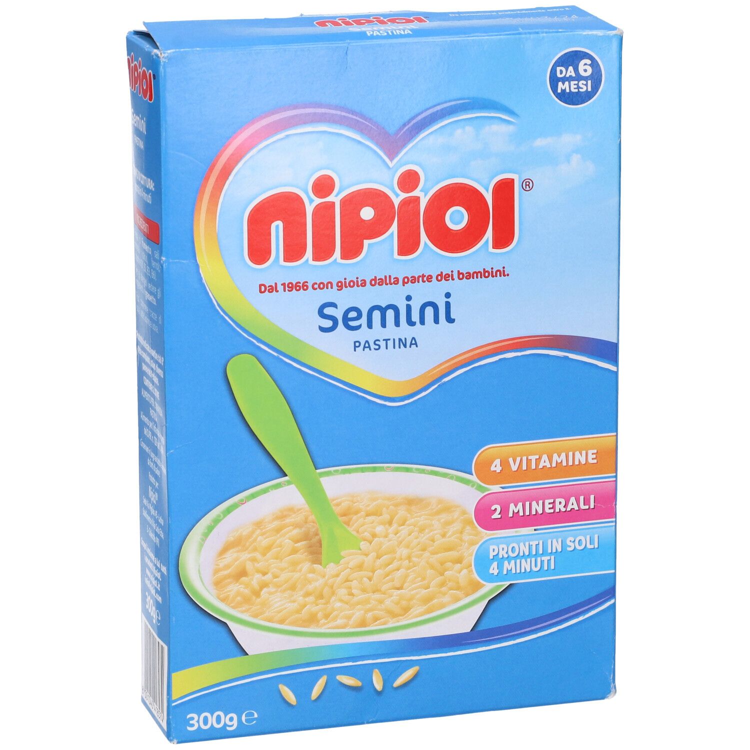 Confezione blu Nipiol Semini Pastina. Contiene 4 vitamine, 2 minerali. Pronto in 4 minuti. 300g.