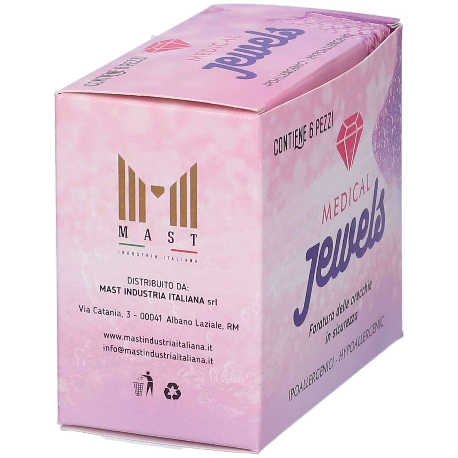 Scatola rosa con logo "MEDICAL JEWELS". Contiene 6 pezzi. Logo MAST. Indirizzo e contatti.