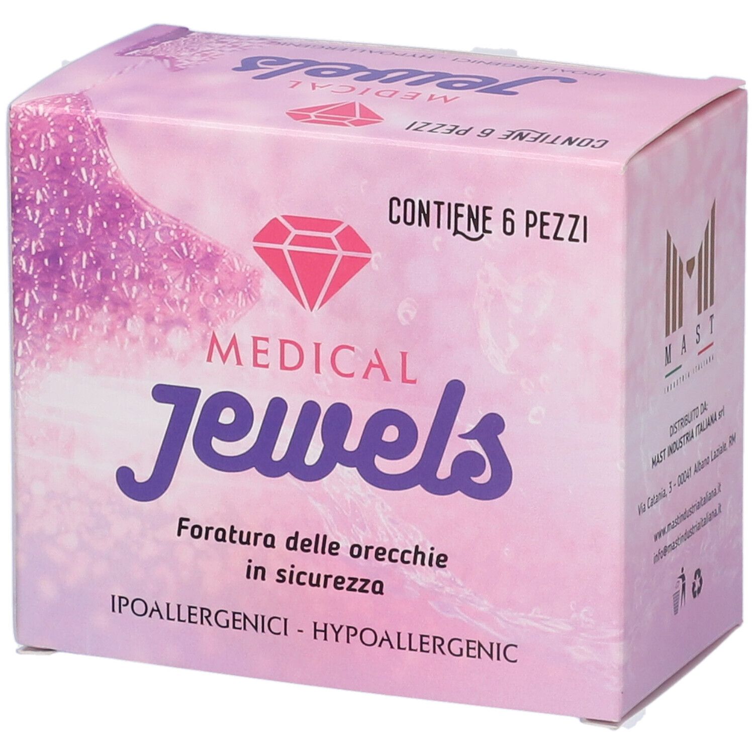 Scatola rosa con logo "MEDICAL JEWELS". Contiene 6 pezzi. Testo: "Foratura delle orecchie in sicurezza". Ipoallergenico.