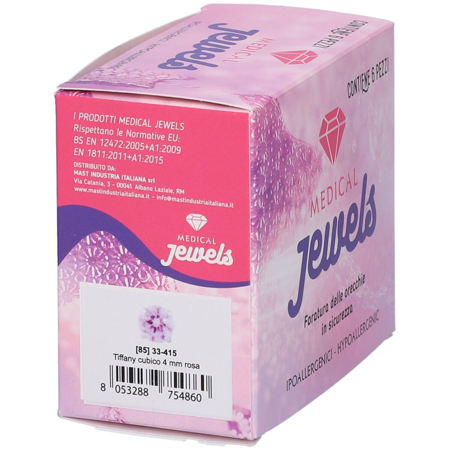 Scatola rosa con logo "MEDICAL JEWELS". Contiene 6 pezzi. Informazioni prodotto: Tiffany cubico 4 mm rosa.