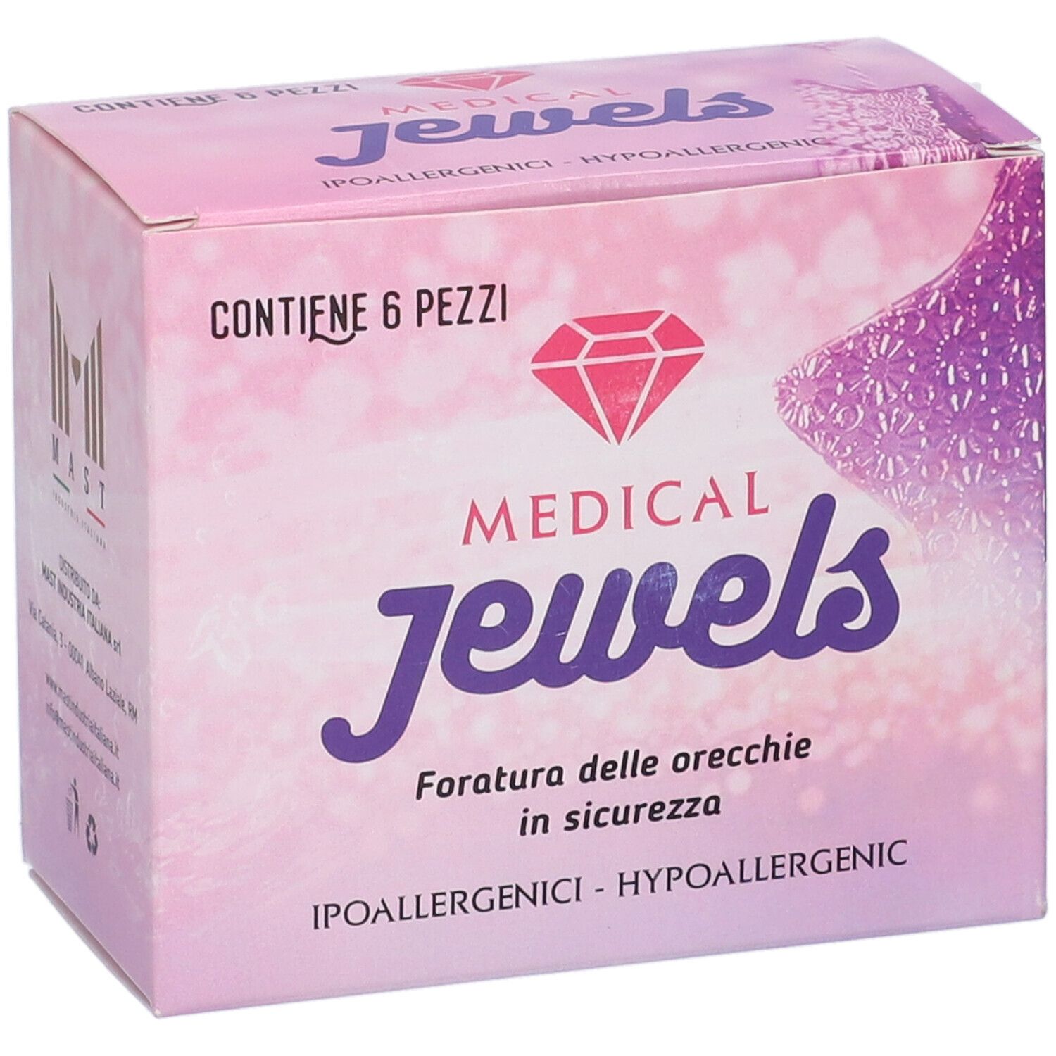 Scatola rosa con logo "MEDICAL JEWELS". Contiene 6 pezzi. Testo: "Foratura delle orecchie in sicurezza". Ipoallergenico.