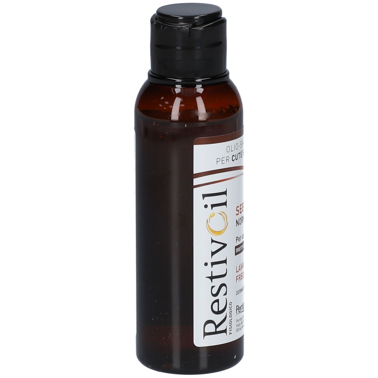 Flacone marrone con tappo nero. Etichetta con nome prodotto e testo. "Sebo Normalizzante" e "Lavaggi Frequenti".