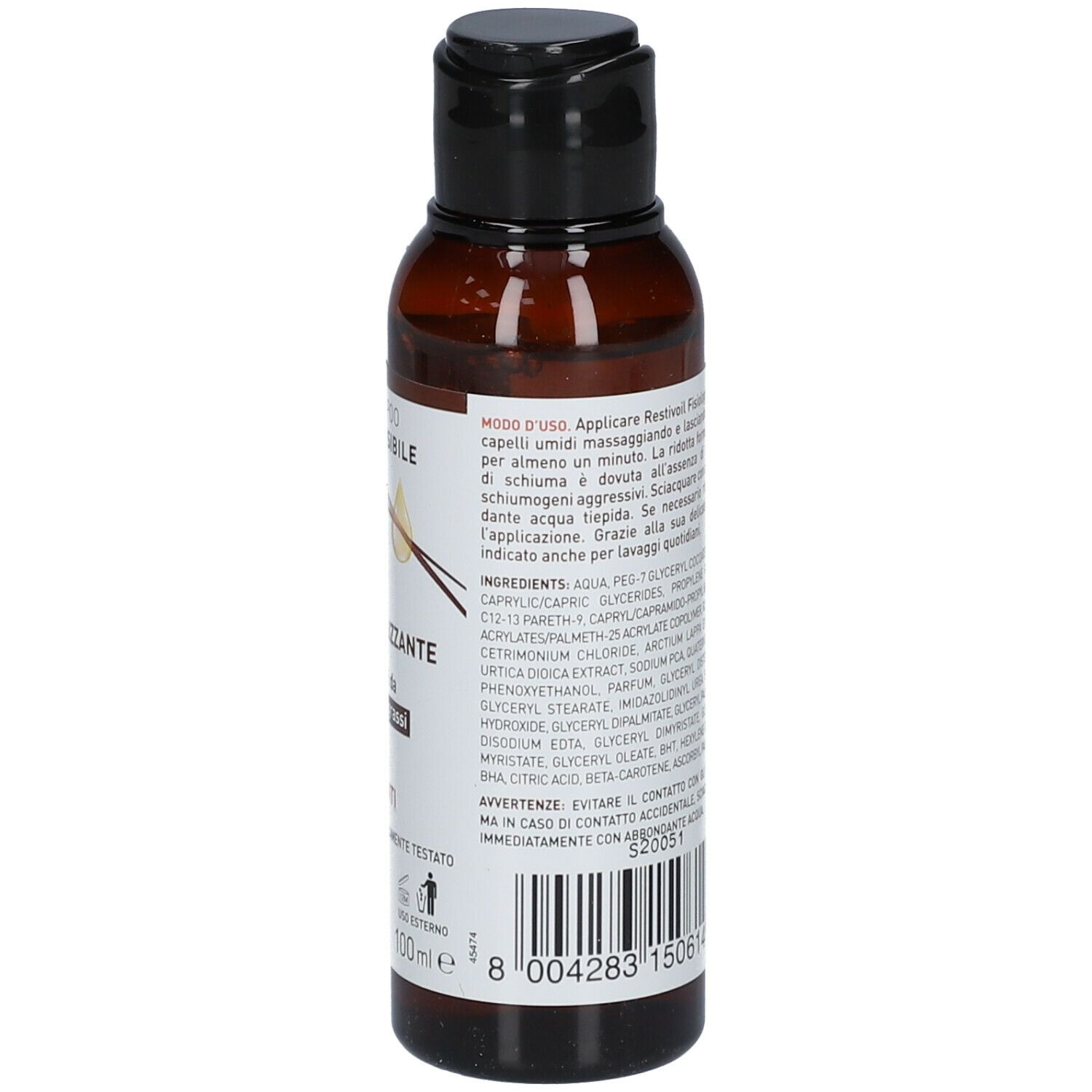 Retro di un flacone marrone con tappo nero. Etichetta con istruzioni per l'uso e testo.