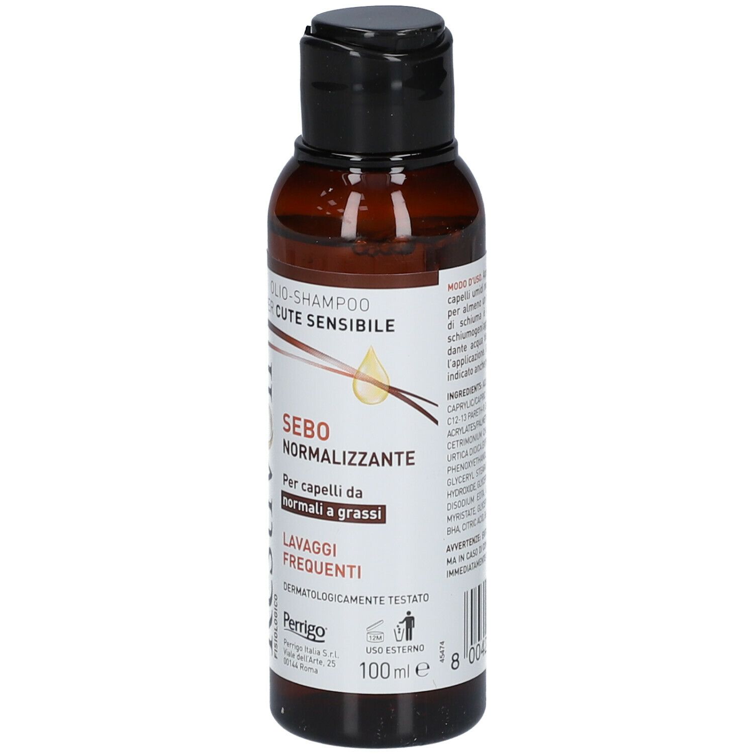 Flacone marrone con tappo nero. Etichetta con nome prodotto e testo. "Sebo Normalizzante" e "Lavaggi Frequenti".