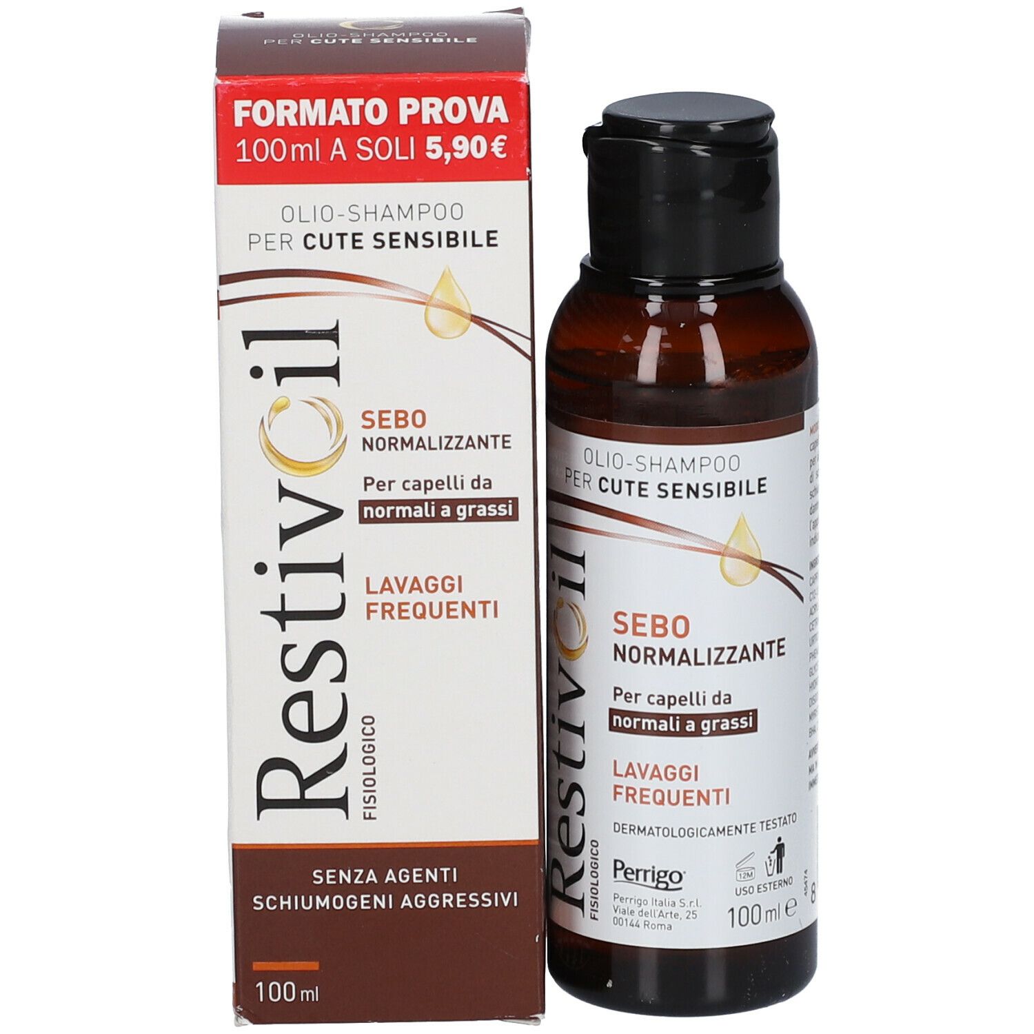 Flacone e confezione del prodotto. Flacone con tappo nero. Confezione con nome prodotto e testo.