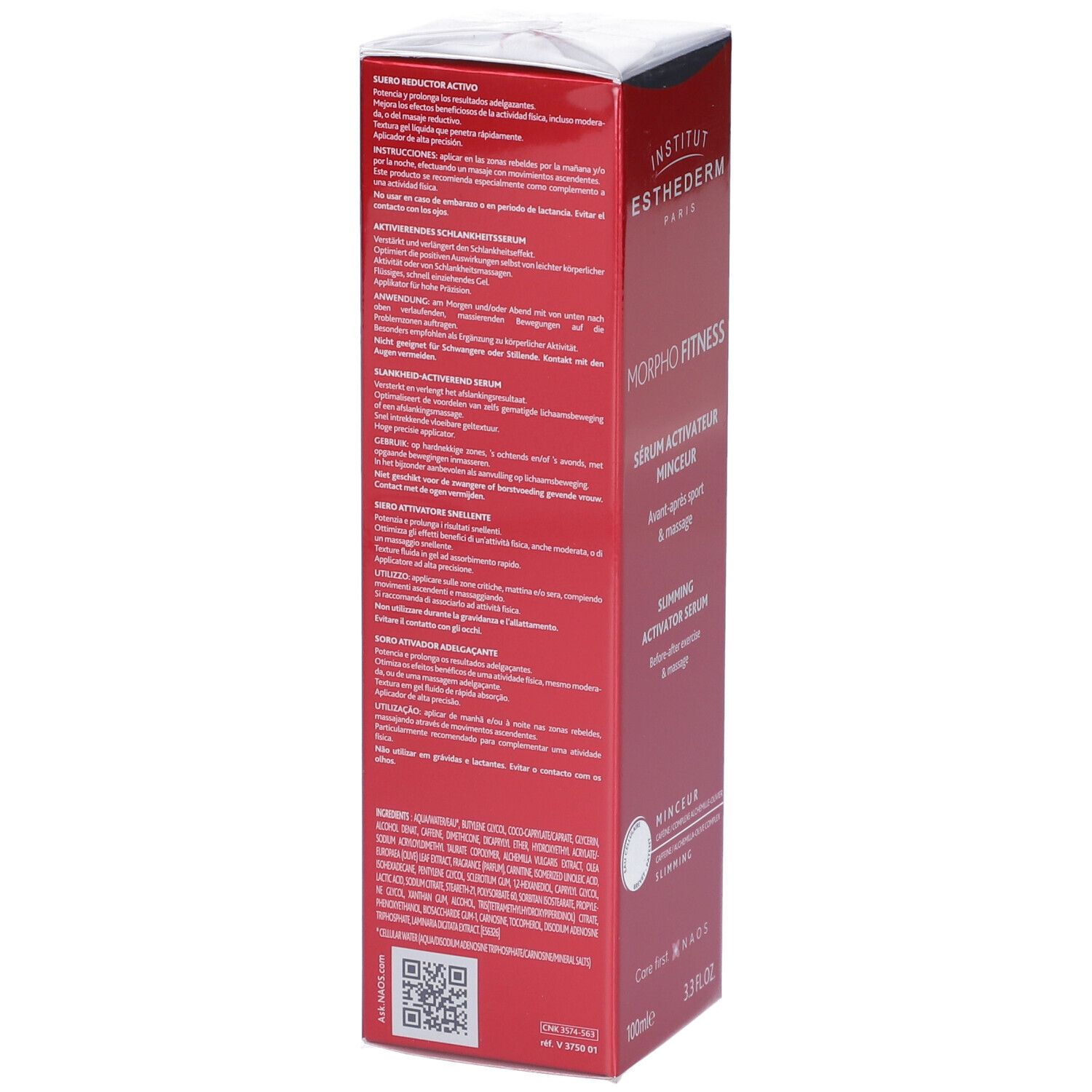 Scatola rossa, testo in francese. Contiene informazioni sul prodotto e codice QR. Marchio: Institut Esthederm Paris.