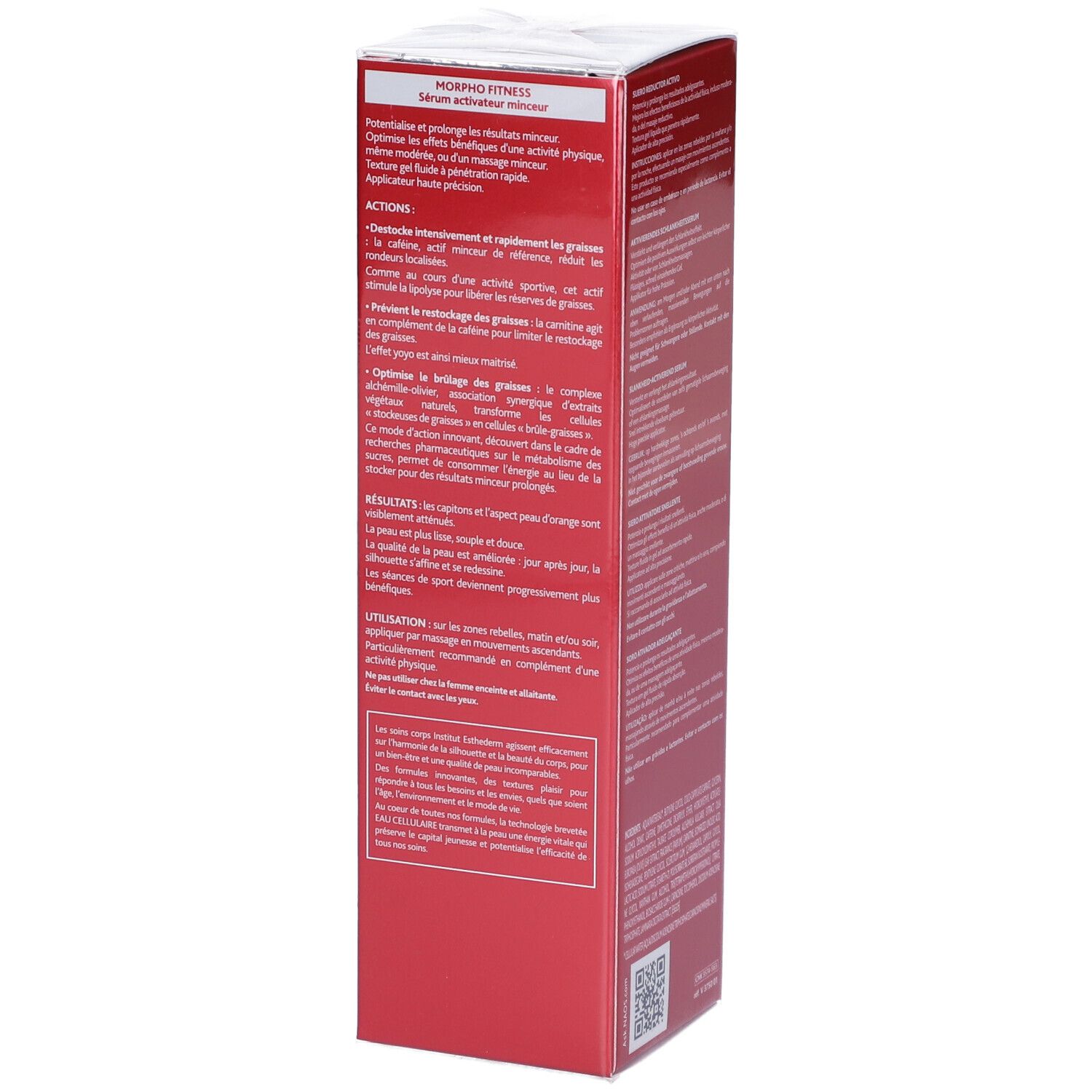 Scatola rossa, testo in francese. Contiene informazioni sul prodotto. Marchio: Institut Esthederm Paris.