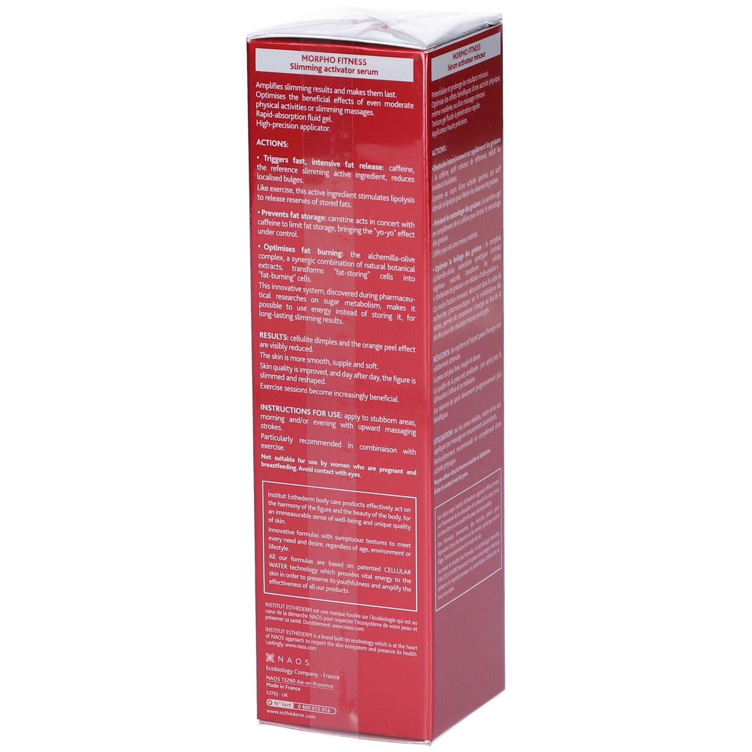 Scatola rossa, testo in francese. Contiene informazioni sul prodotto. Marchio: Institut Esthederm Paris.