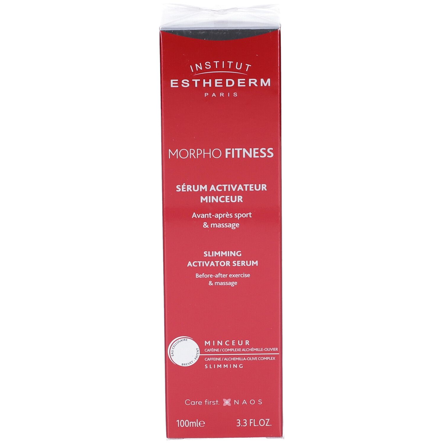 Scatola rossa con testo e nome del prodotto. Contiene "Morpho Fitness" e "Sérum Activateur Minceur".