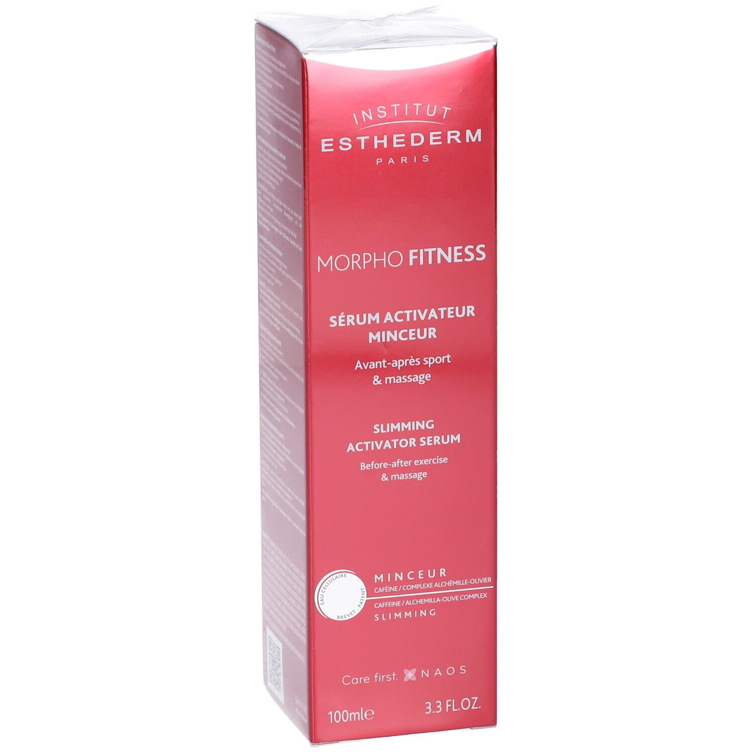 Scatola rossa con testo e nome del prodotto. Contiene "Morpho Fitness" e "Sérum Activateur Minceur".
