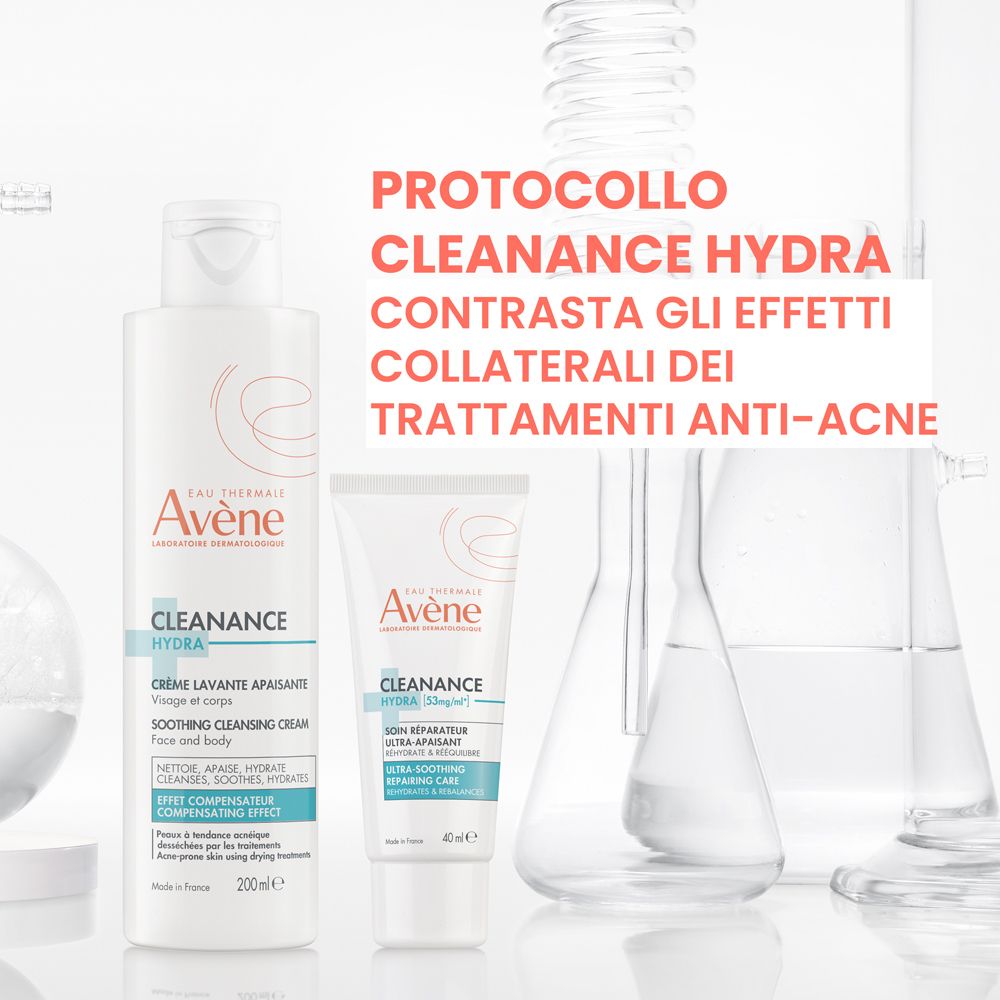Crema e crema lavante Avène Cleanance Hydra in ambiente di laboratorio.