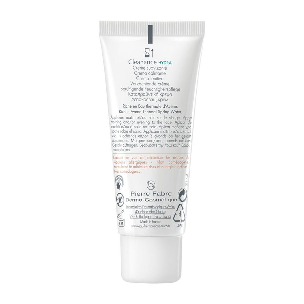 Retro di un tubo Avène Cleanance Hydra con istruzioni per l'uso.