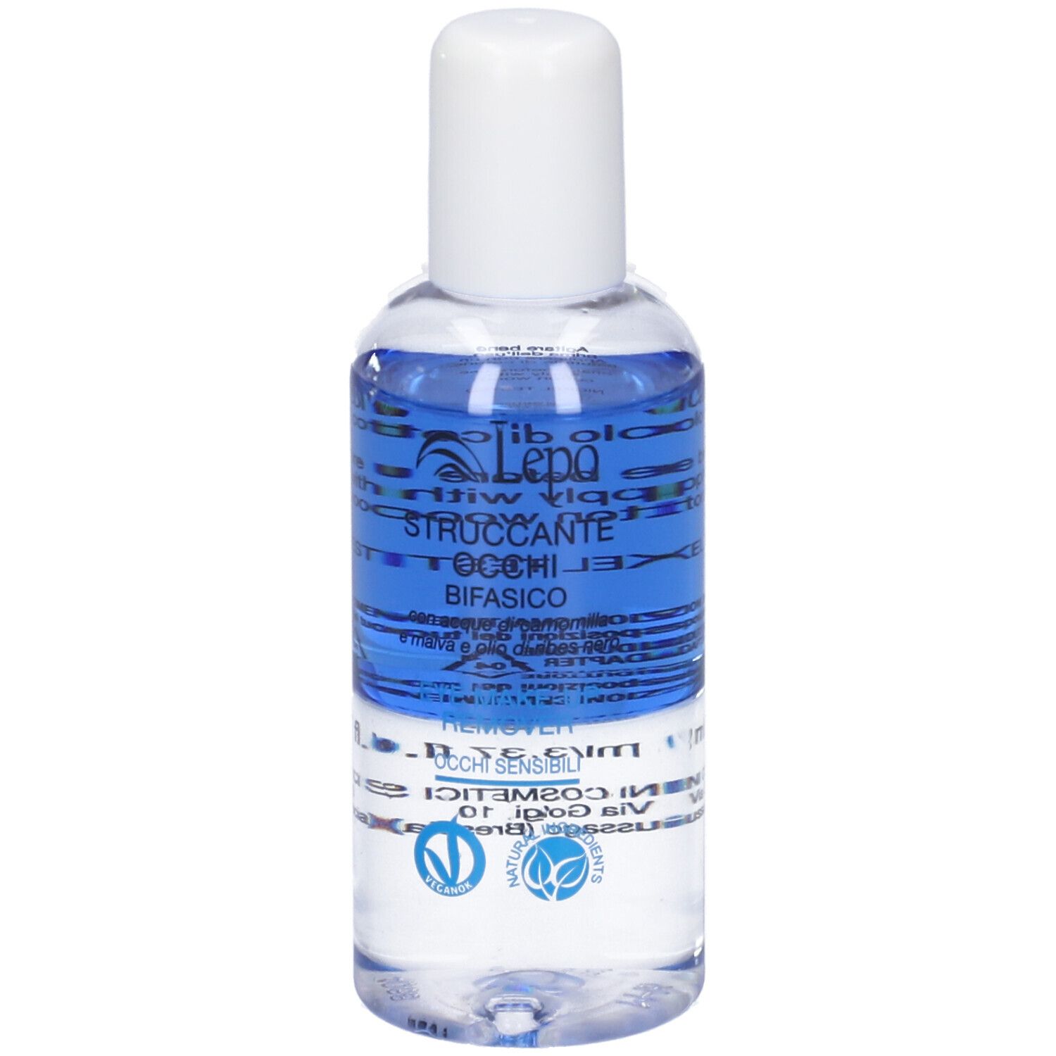 LEPO Struccante Occhi Bifasico. Flacone. Struccante occhi bifasico. Contiene camomilla, malva, ribes nero e olio di argan.