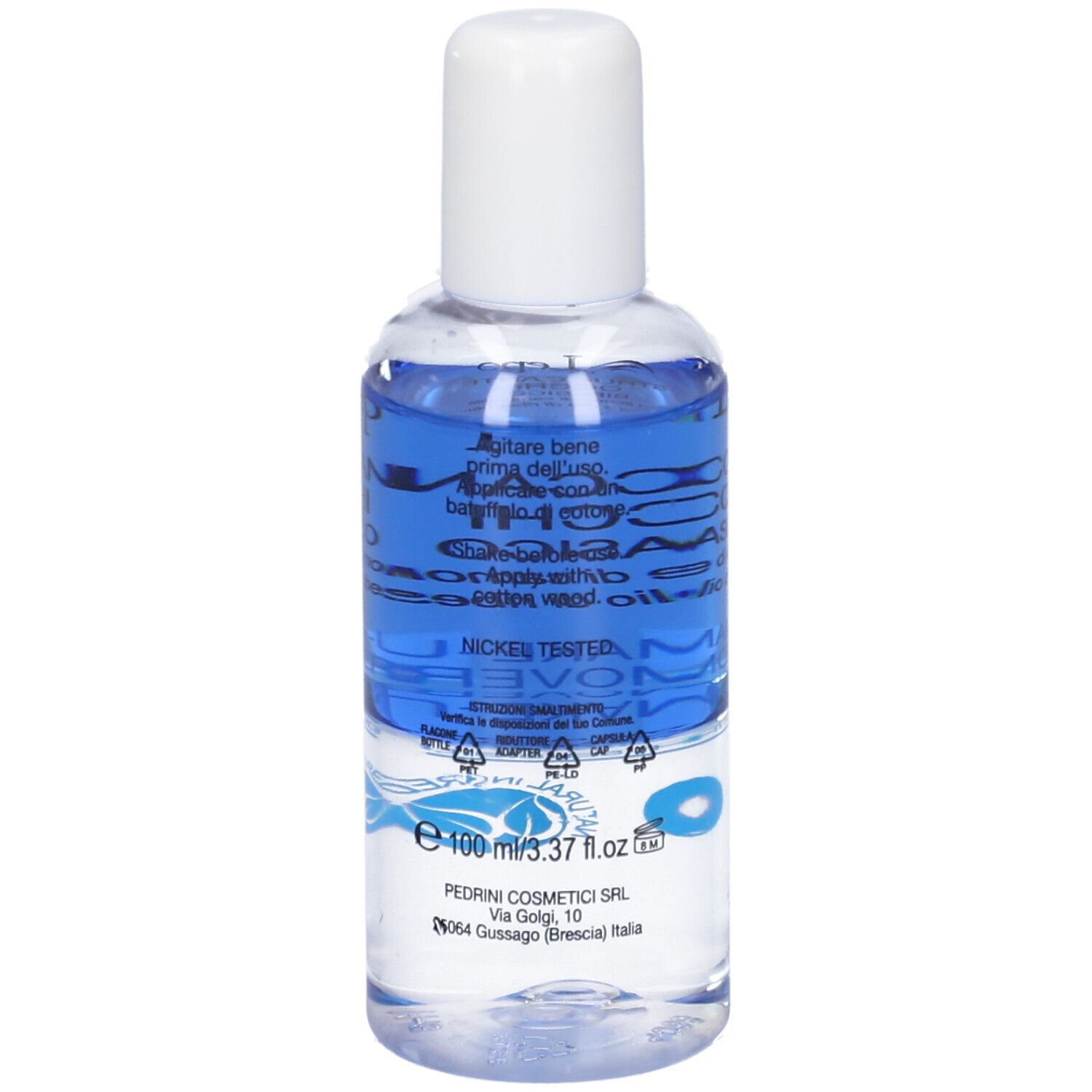 LEPO Struccante Occhi Bifasico. Retro flacone. Contiene camomilla, malva, ribes nero e olio di argan. Nickel tested.