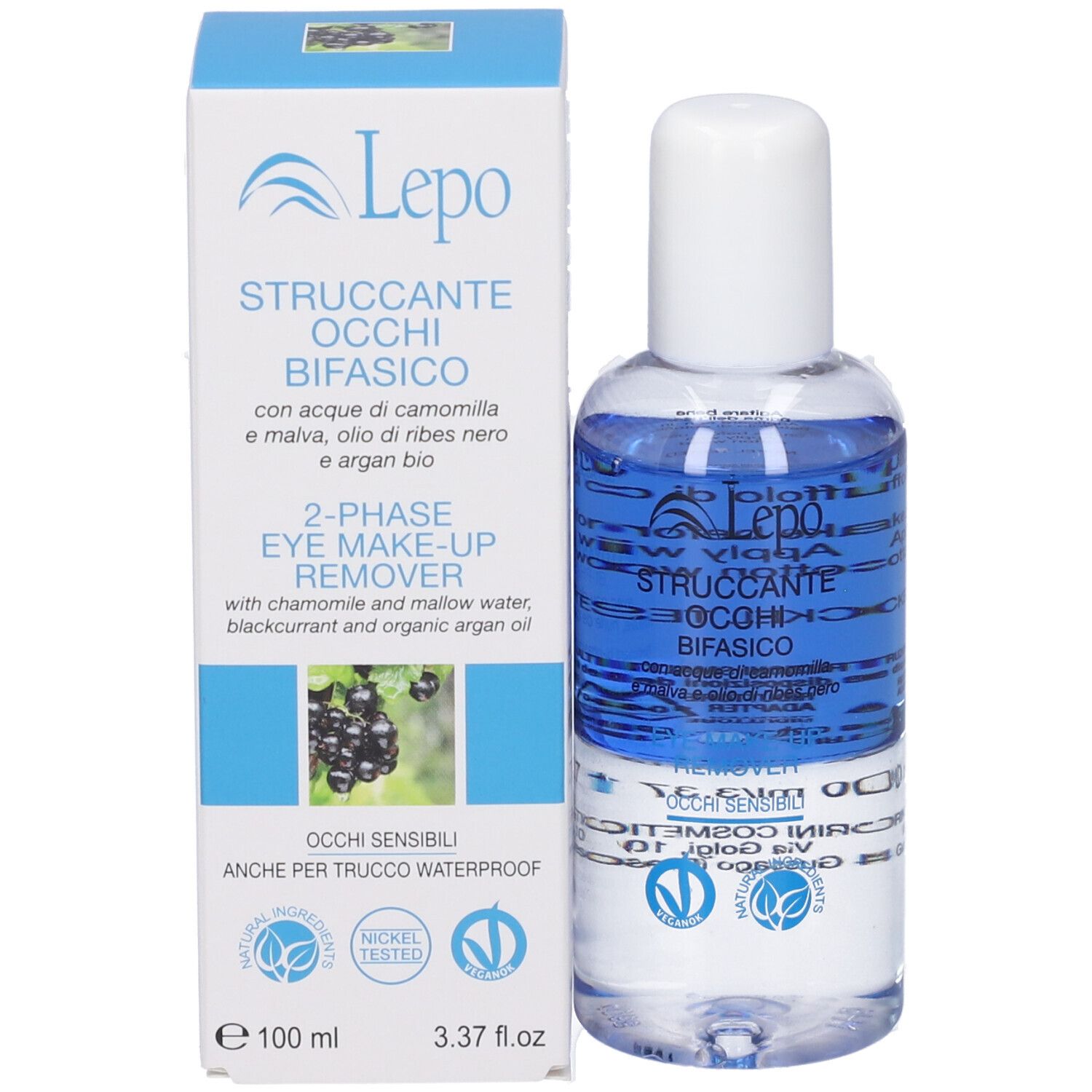 LEPO Struccante Occhi Bifasico. Flacone e confezione. Struccante occhi bifasico. Contiene camomilla, malva, ribes nero e olio di argan.
