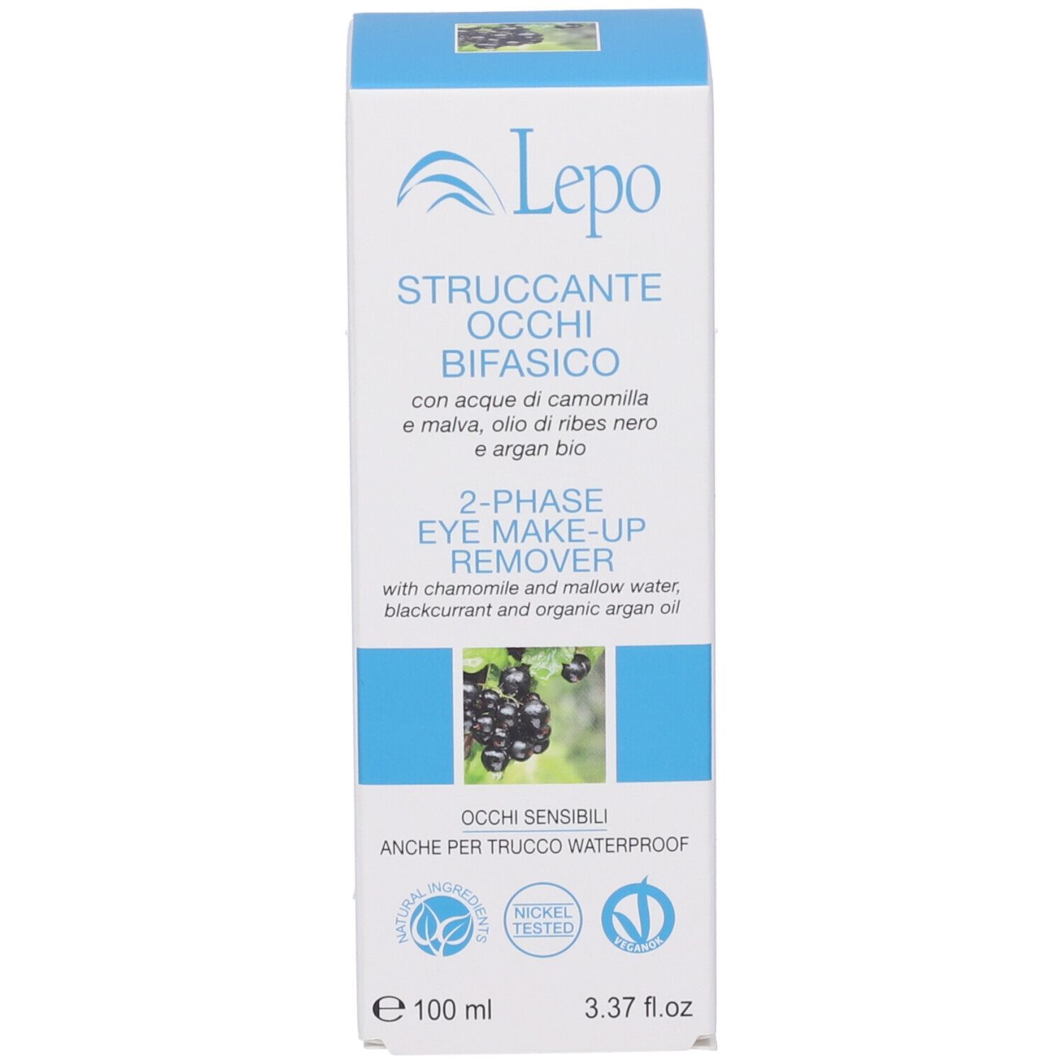 LEPO Struccante Occhi Bifasico. Confezione. Struccante occhi bifasico. Contiene camomilla, malva, ribes nero e olio di argan.