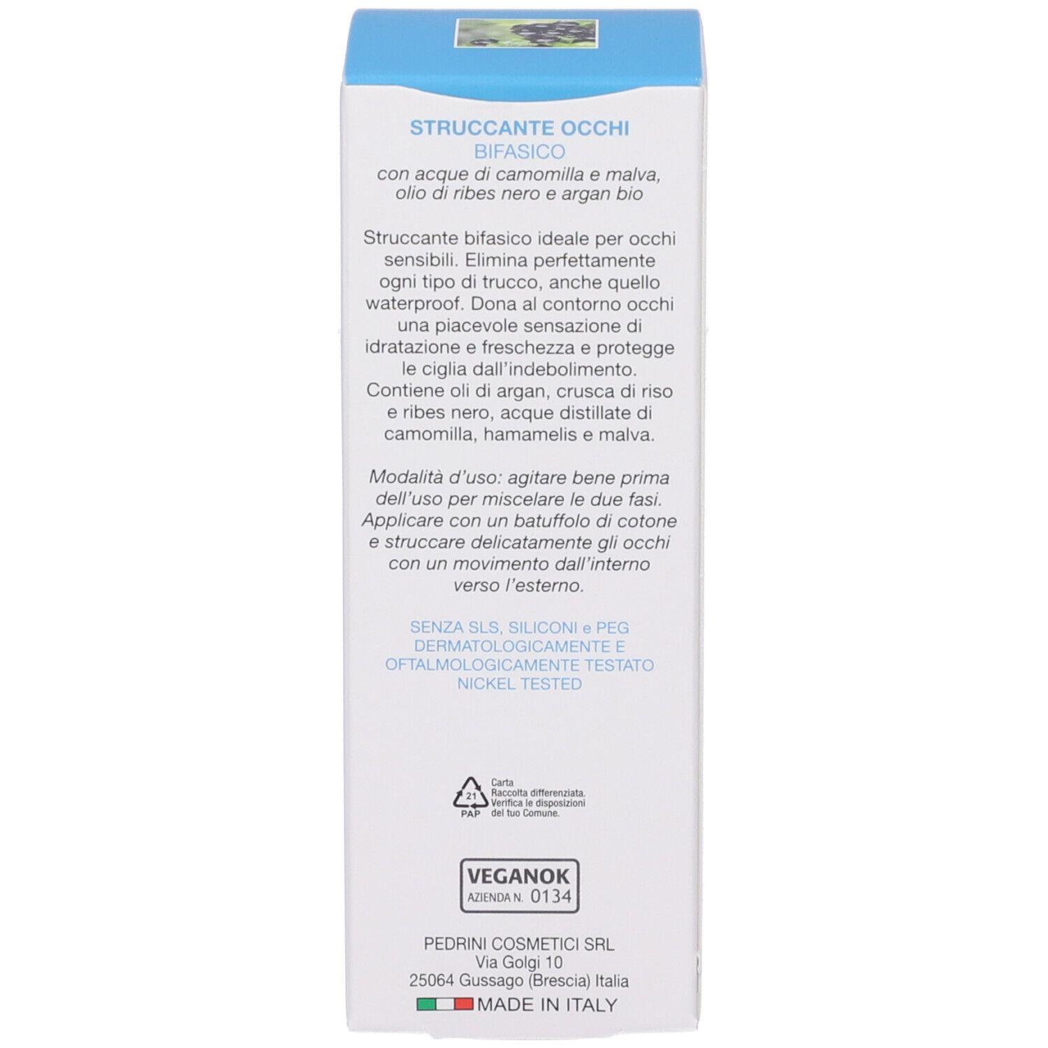 Retro confezione. Testo sullo struccante occhi. Contiene camomilla, malva, ribes nero e olio di argan. Vegano.