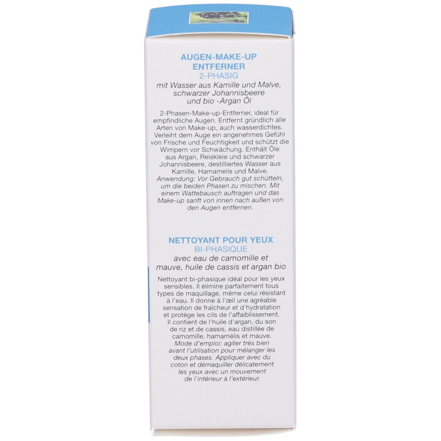 Retro confezione. Testo sullo struccante occhi. Contiene camomilla, malva, ribes nero e olio di argan.