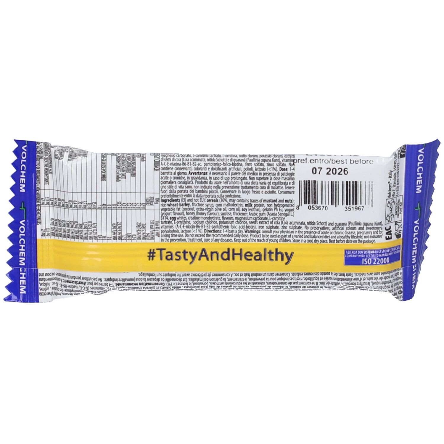 Retro della confezione PROMEAL Energy Crunch Bar. Contiene testo, informazioni nutrizionali e data di scadenza. Certificazione ISO 22000.