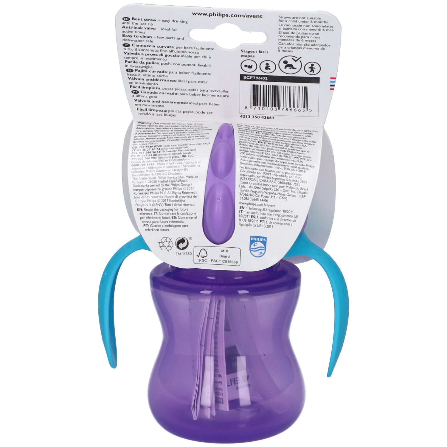 Tazza di apprendimento Philips Avent, viola con manici blu e cannuccia.