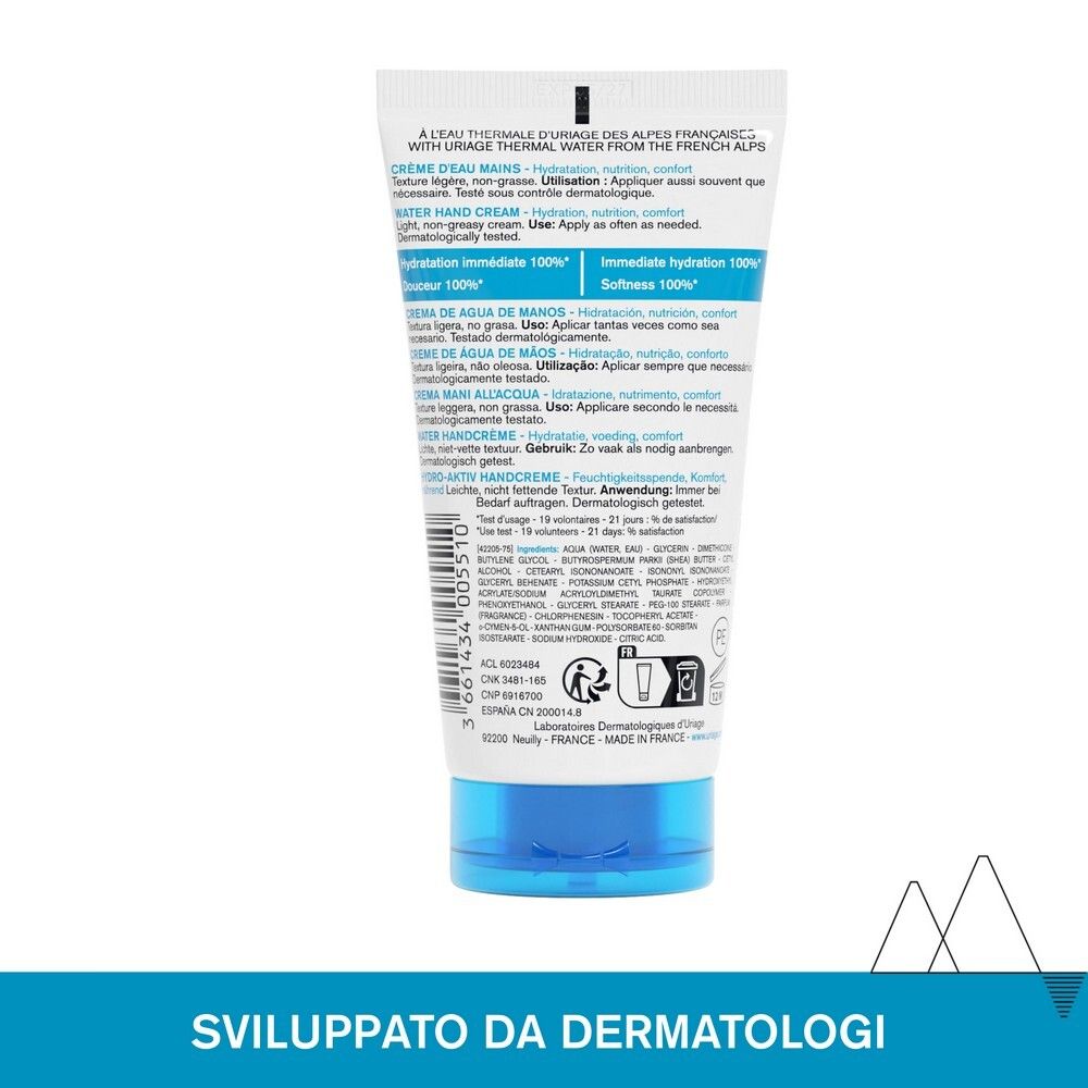 Retro del tubo di crema mani. Informazioni sul prodotto multilingue. Ingredienti, indirizzo del produttore e loghi.