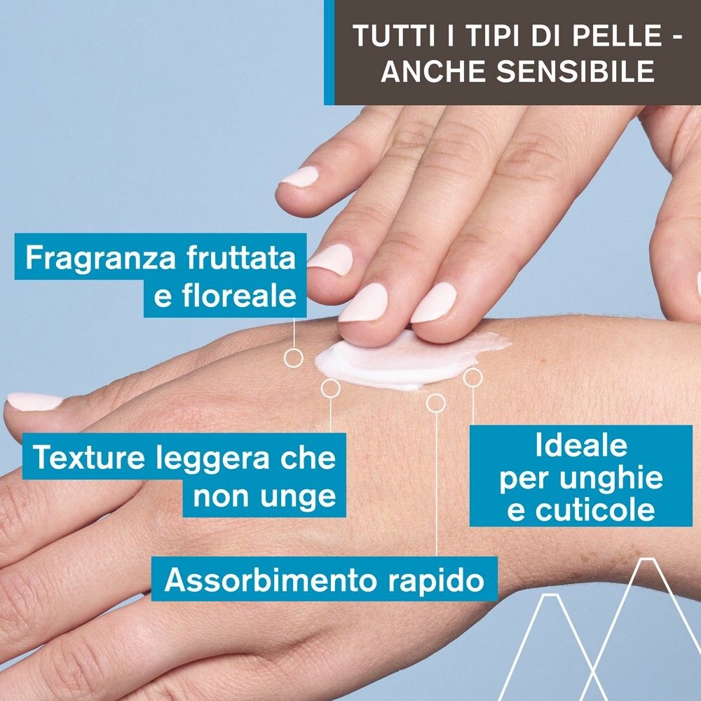 Mano con crema. Testo: Fragranza fruttata e floreale, texture leggera, assorbimento rapido, ideale per unghie e cuticole.