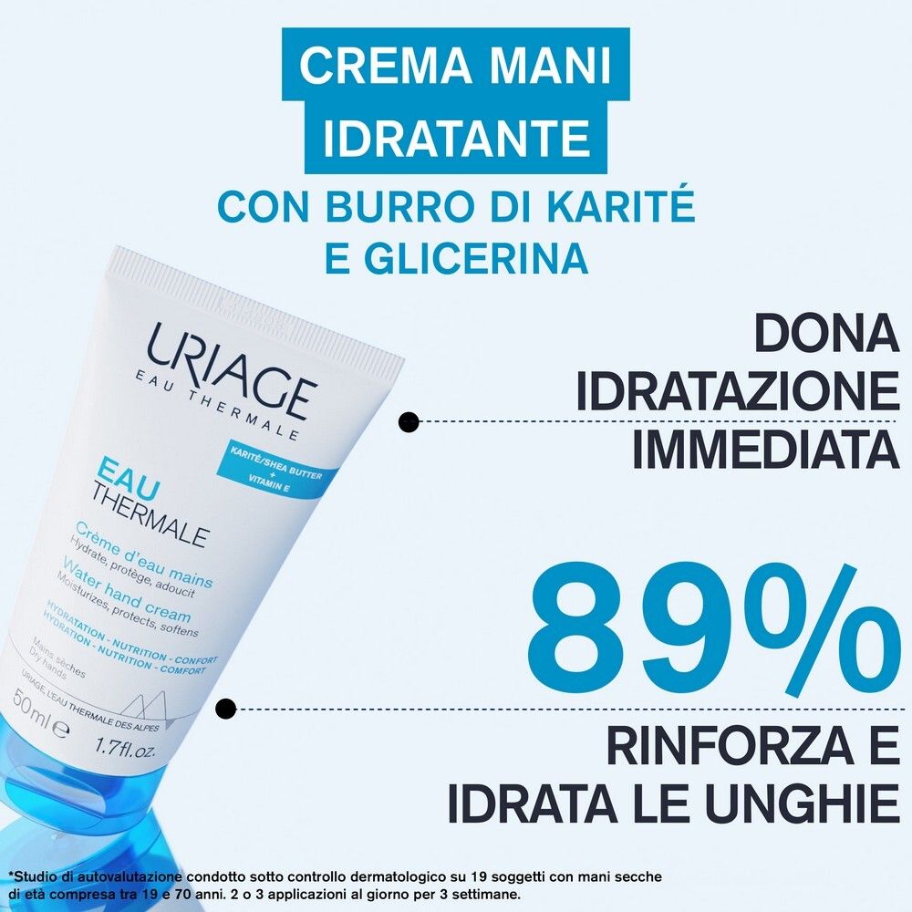 Tubo di crema mani con testo: Crema mani idratante con burro di karité e glicerina. 89% rinforza e idrata le unghie.