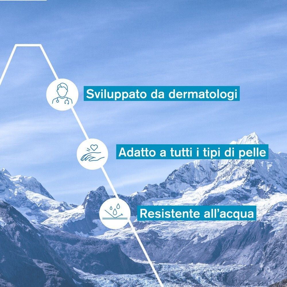 Grafica con testo: Sviluppato da dermatologi, adatto a tutti i tipi di pelle, resistente all'acqua.