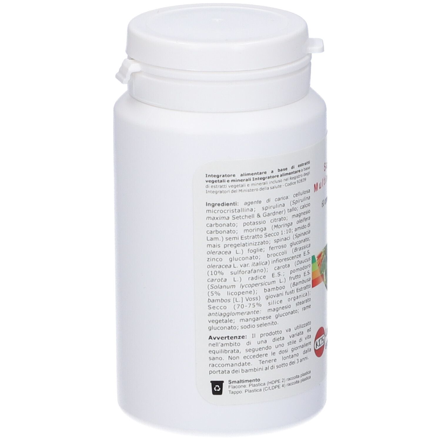 Retro di un flacone bianco con tappo. Testo con ingredienti e avvertenze. Simbolo di riciclaggio.