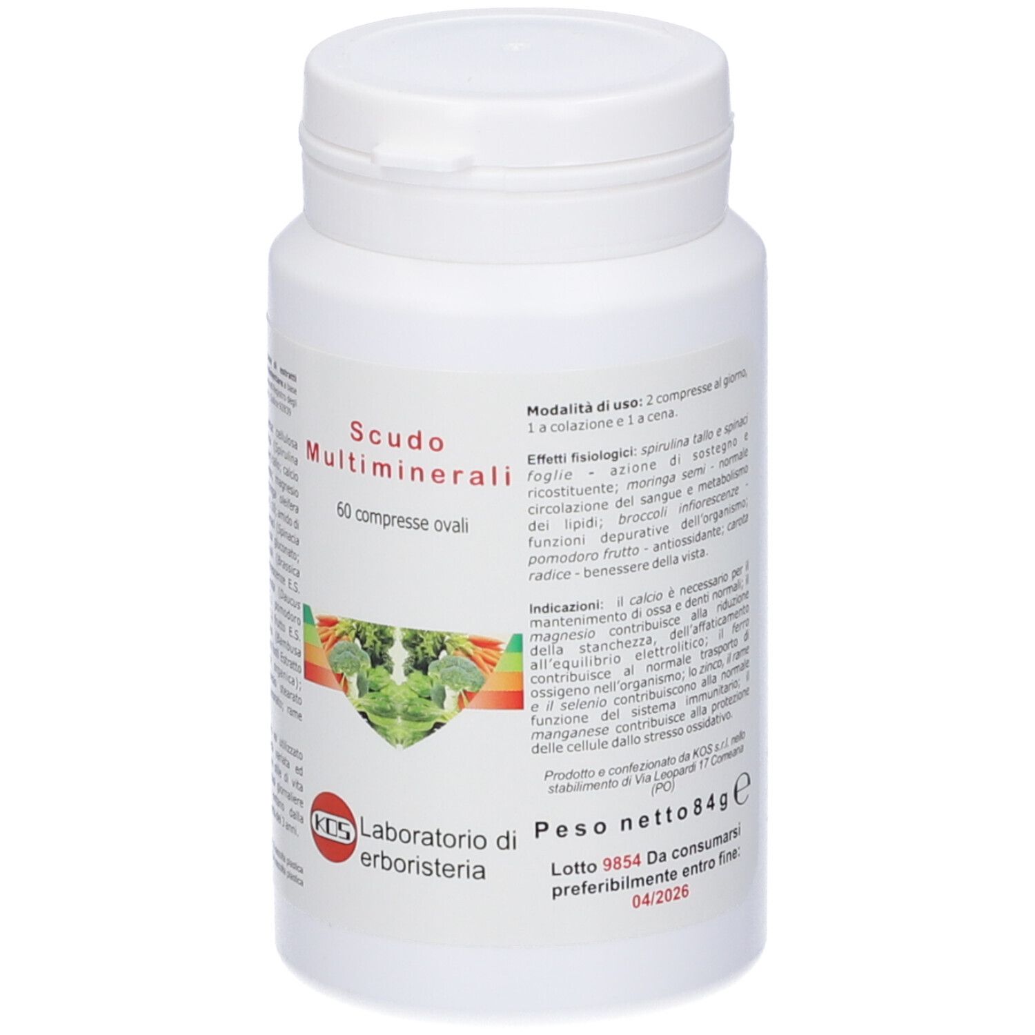 Flacone bianco con tappo. Scritto: Scudo Multiminerali, 60 compresse ovali. Logo: KES Laboratorio di erboristeria.
