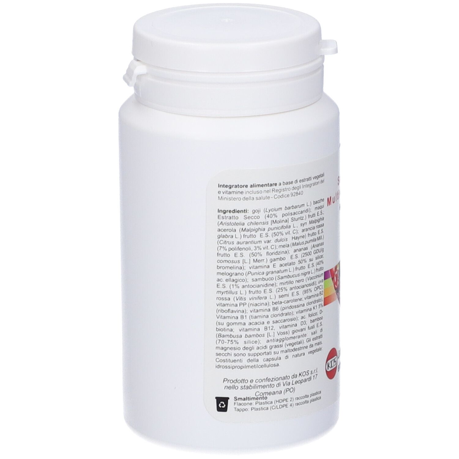 Retro di un flacone bianco KOS Scudo Multivitamine. Etichetta con ingredienti e informazioni produttore.