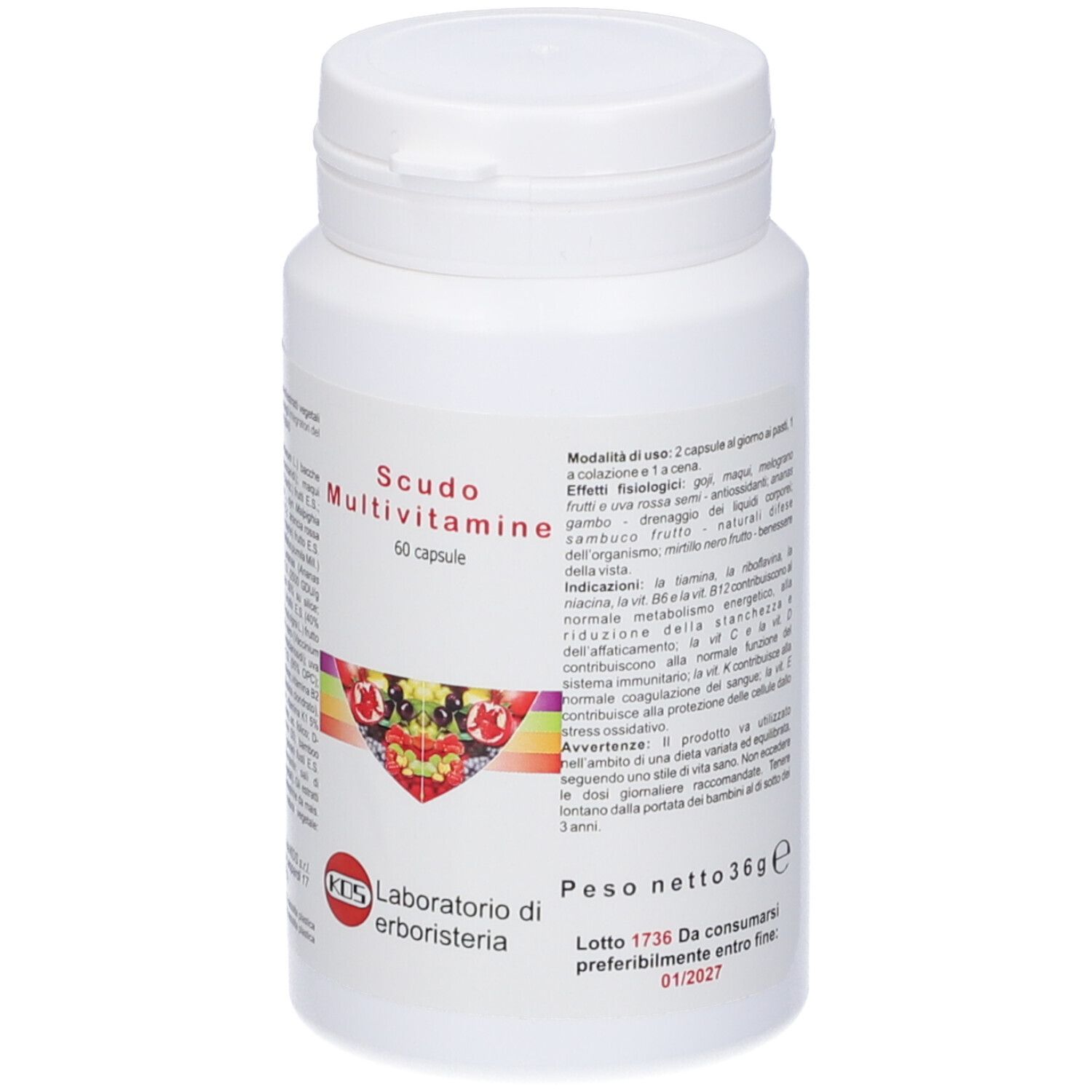 Flacone bianco KOS Scudo Multivitamine. Scritto: 60 capsule. Etichetta con ingredienti e logo.