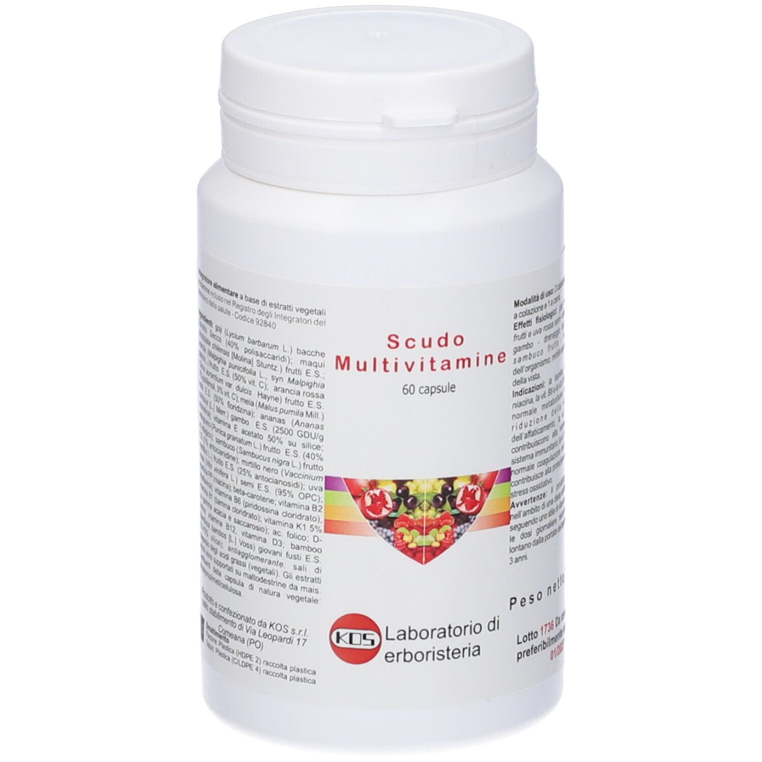Flacone bianco KOS Scudo Multivitamine. Scritto: 60 capsule. Etichetta con ingredienti e logo.