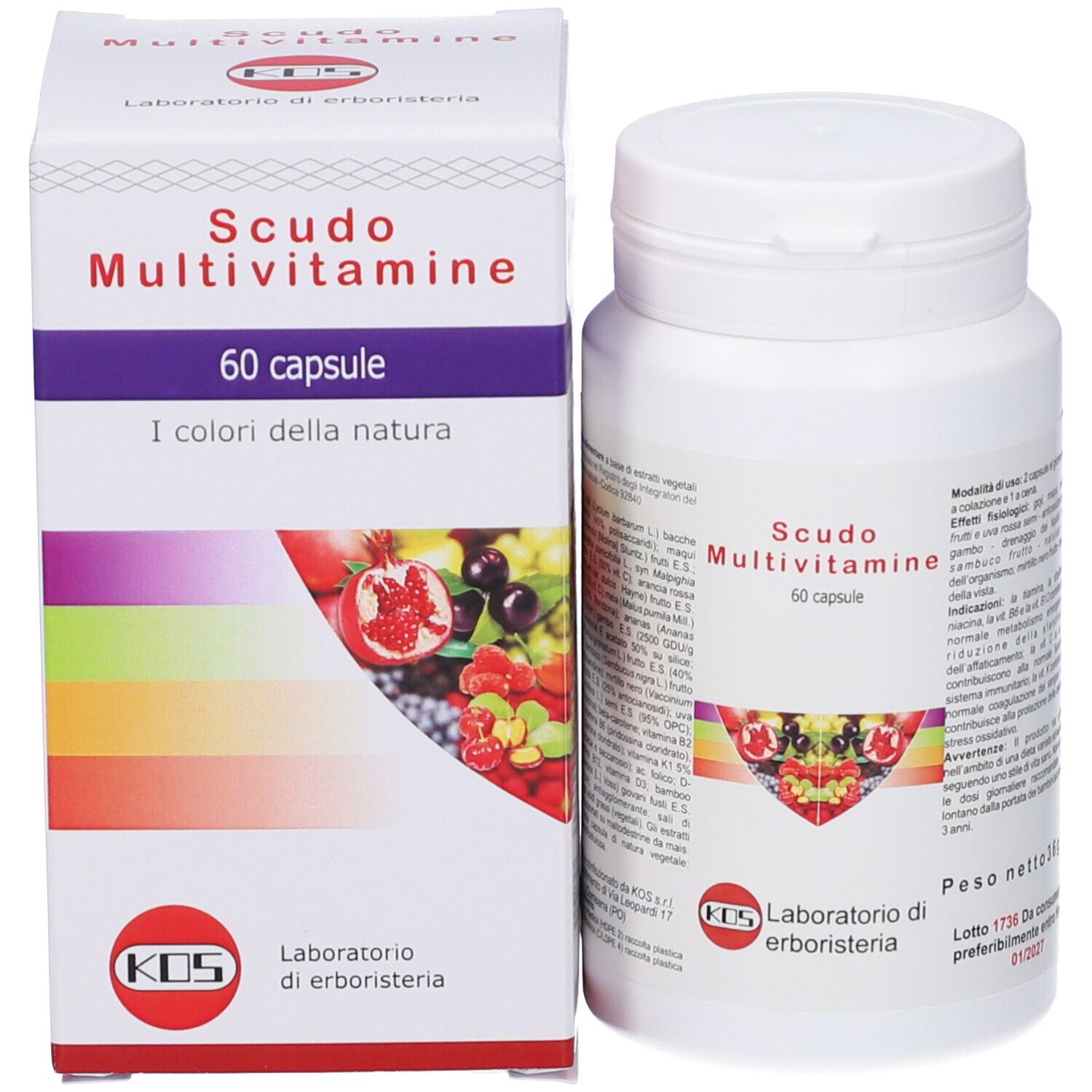 Flacone e scatola KOS Scudo Multivitamine. Scritto: 60 capsule. Scatola con logo e nome del prodotto.